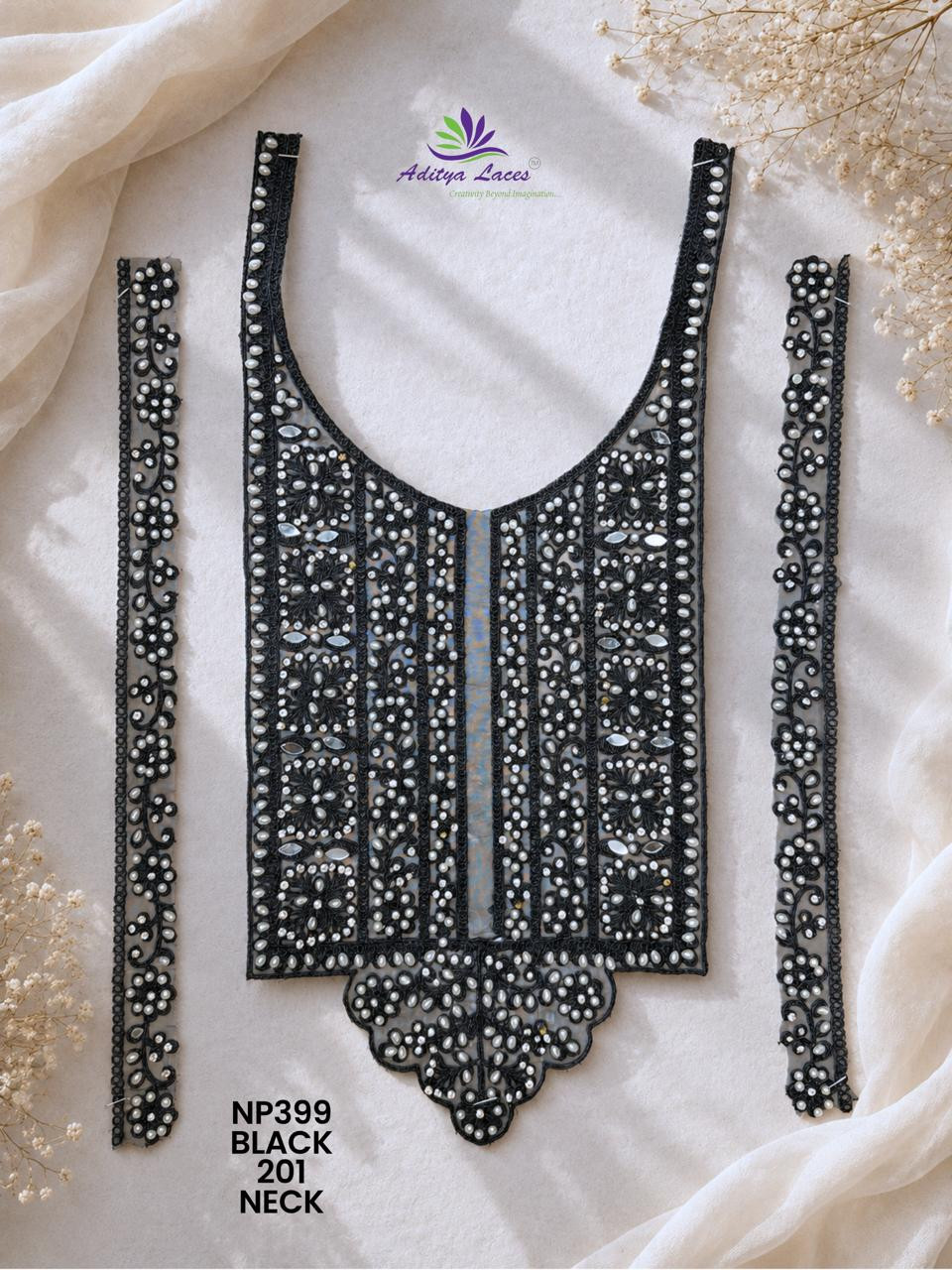 U Shape Gold Palmate Neck Lace Patch NP399 with Pearl Beads Mirror Stone Work Designer Bridal Neckline Trim Garment Accessories