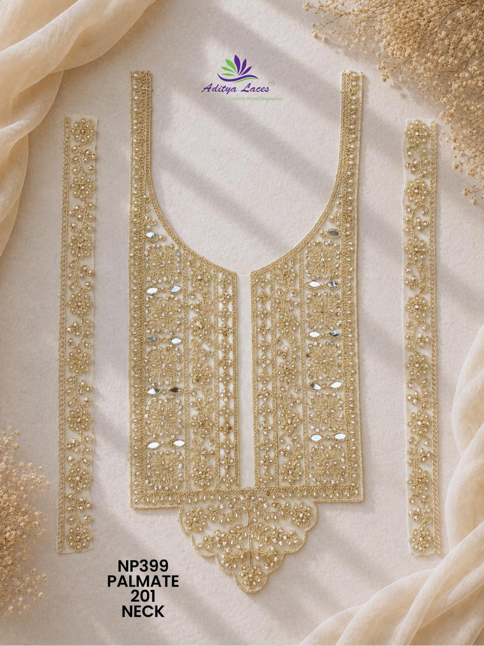 U Shape Gold Palmate Neck Lace Patch NP399 with Pearl Beads Mirror Stone Work Designer Bridal Neckline Trim Garment Accessories