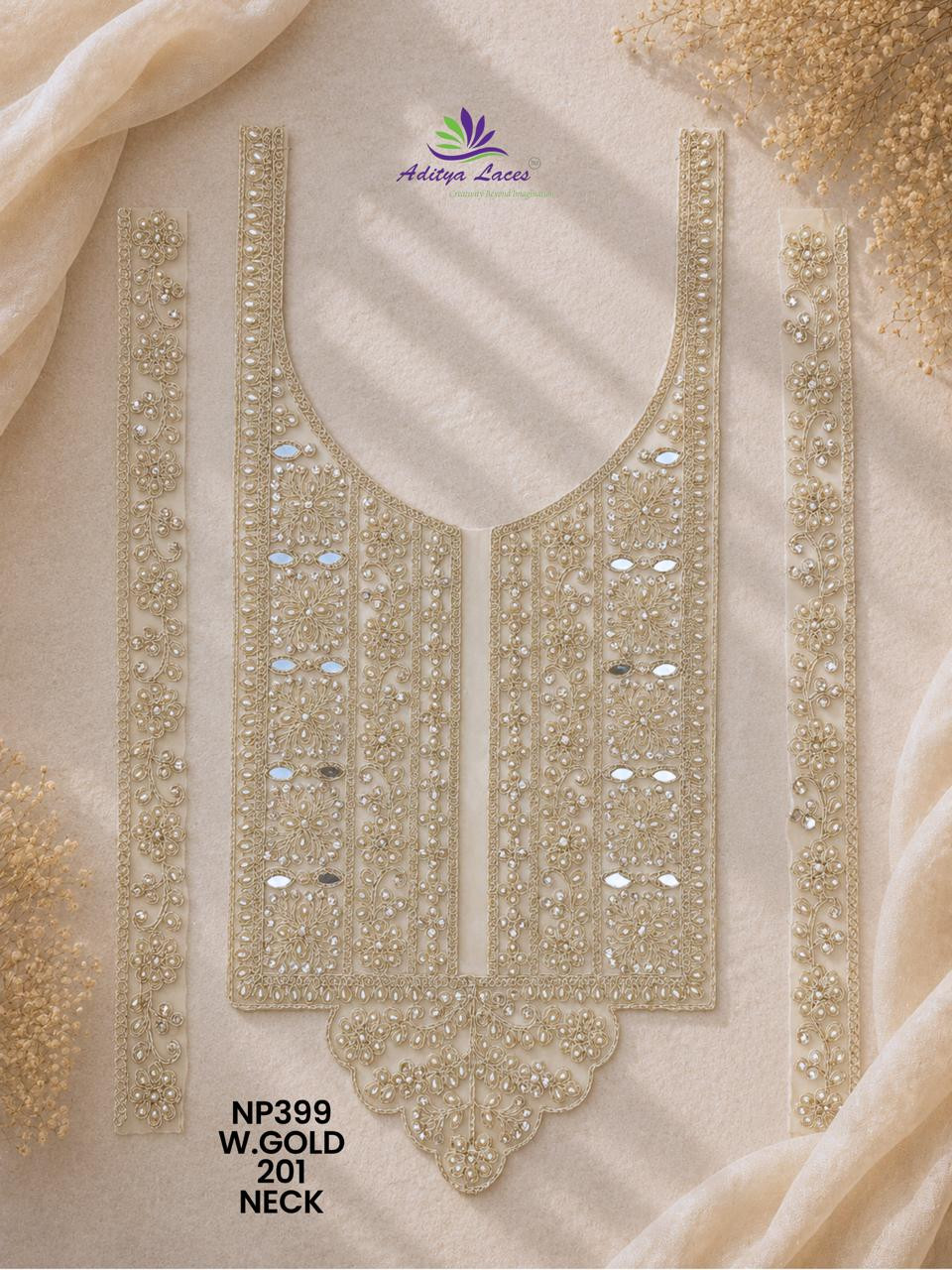 U Shape Gold Palmate Neck Lace Patch NP399 with Pearl Beads Mirror Stone Work Designer Bridal Neckline Trim Garment Accessories