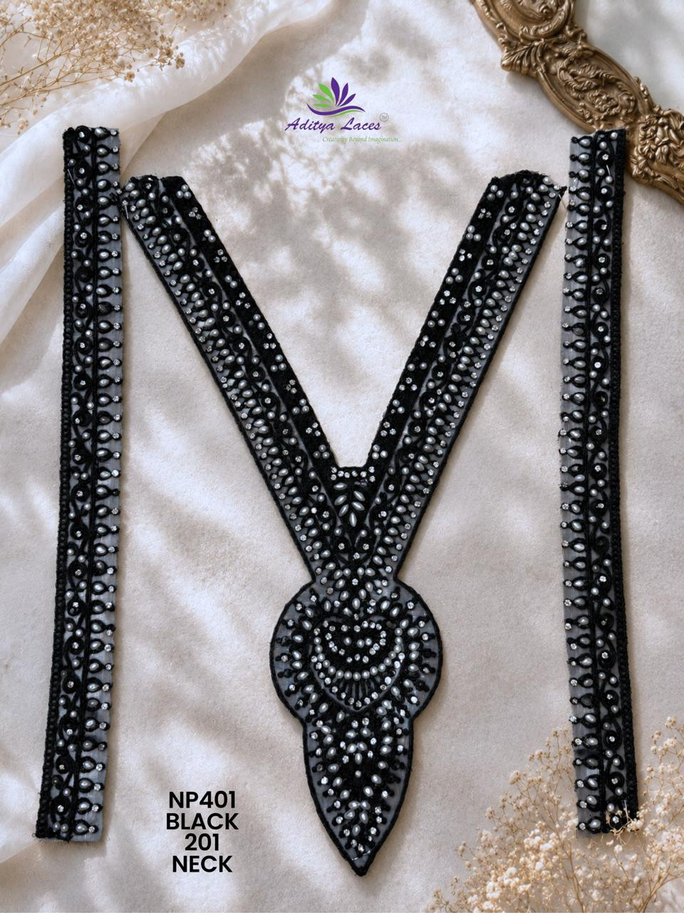 Premium V Shape Gold Palmate Neck Lace Patch NP401 with Pearl Beads Stones Embroidery Designer Bridal Neckline Trim Garment Accessories