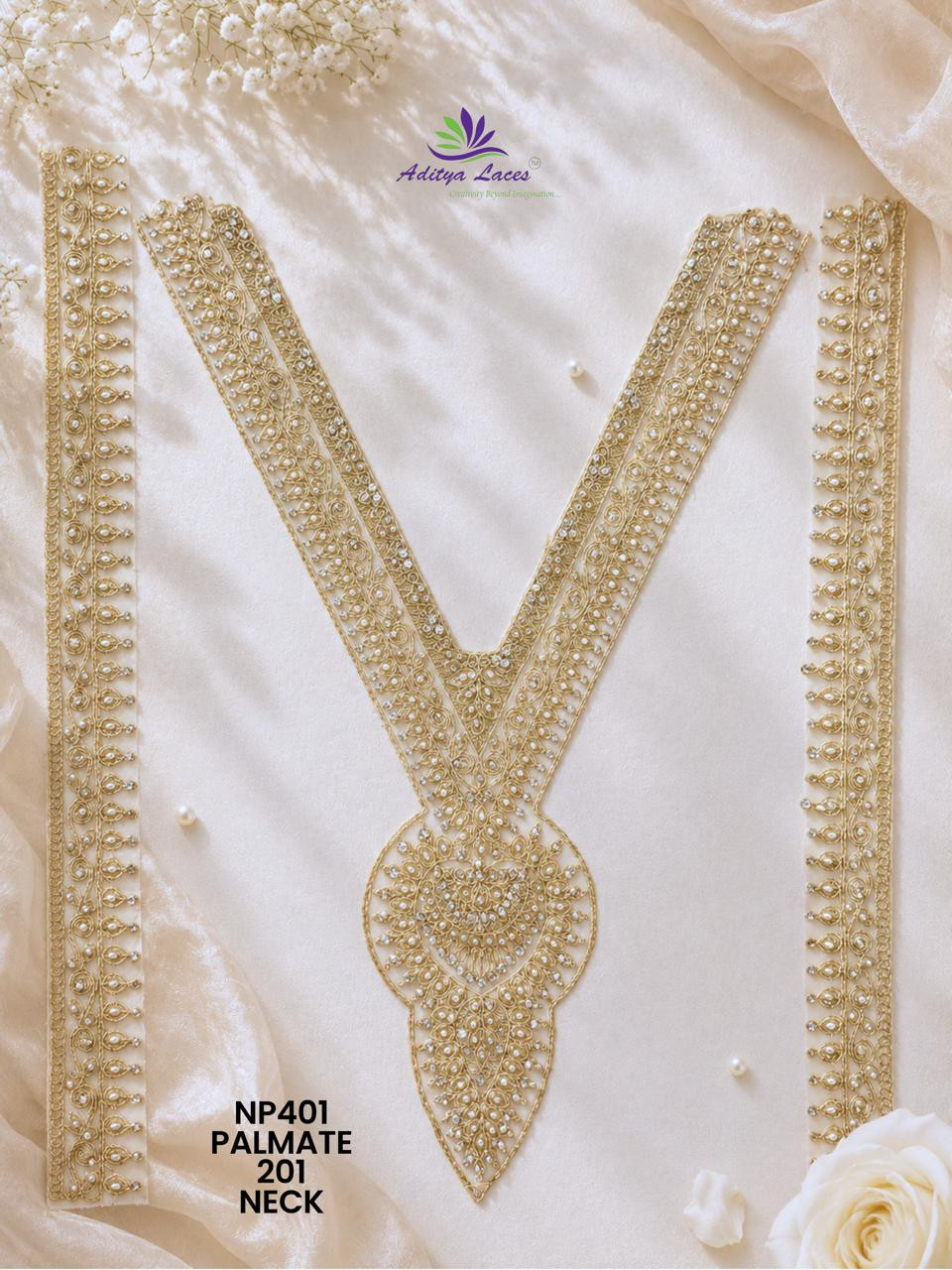 Premium V Shape Gold Palmate Neck Lace Patch NP401 with Pearl Beads Stones Embroidery Designer Bridal Neckline Trim Garment Accessories