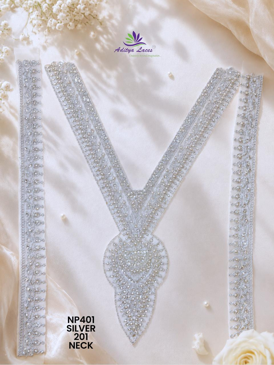 Premium V Shape Gold Palmate Neck Lace Patch NP401 with Pearl Beads Stones Embroidery Designer Bridal Neckline Trim Garment Accessories