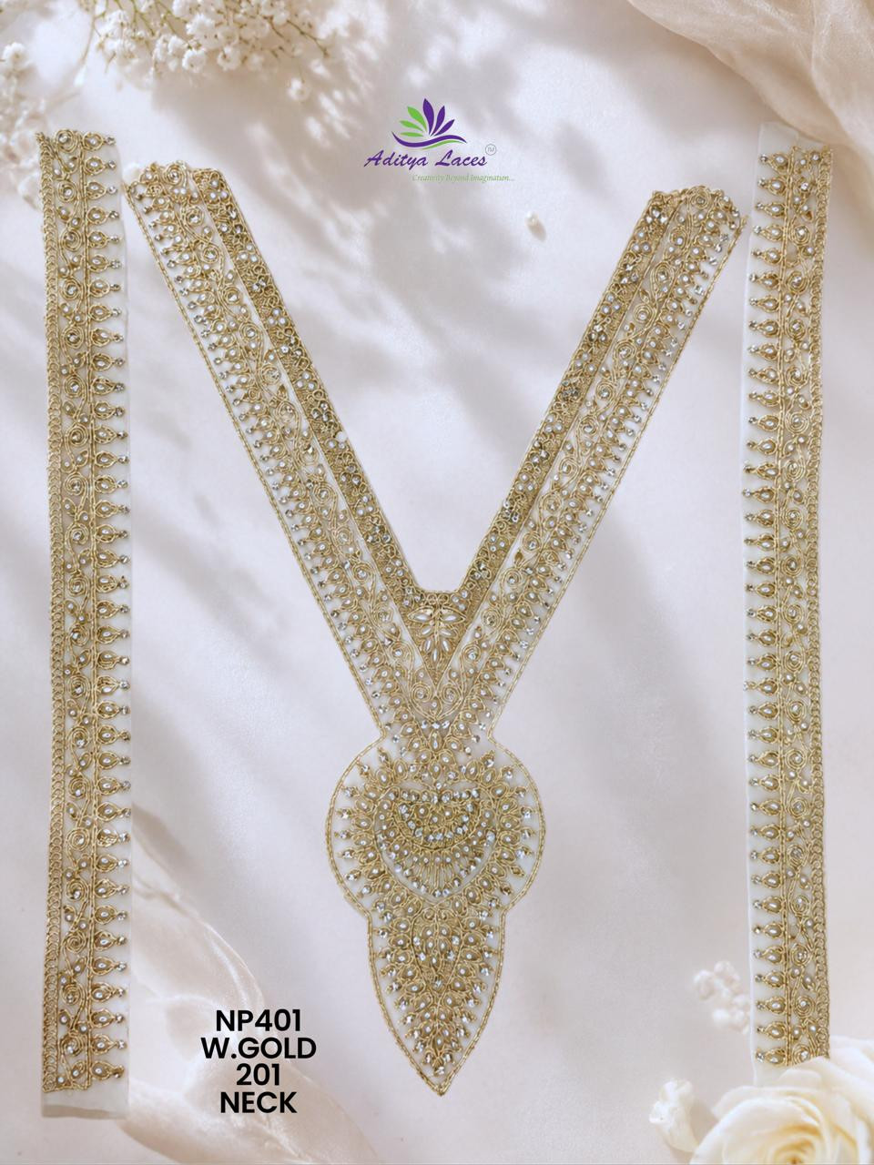Premium V Shape Gold Palmate Neck Lace Patch NP401 with Pearl Beads Stones Embroidery Designer Bridal Neckline Trim Garment Accessories