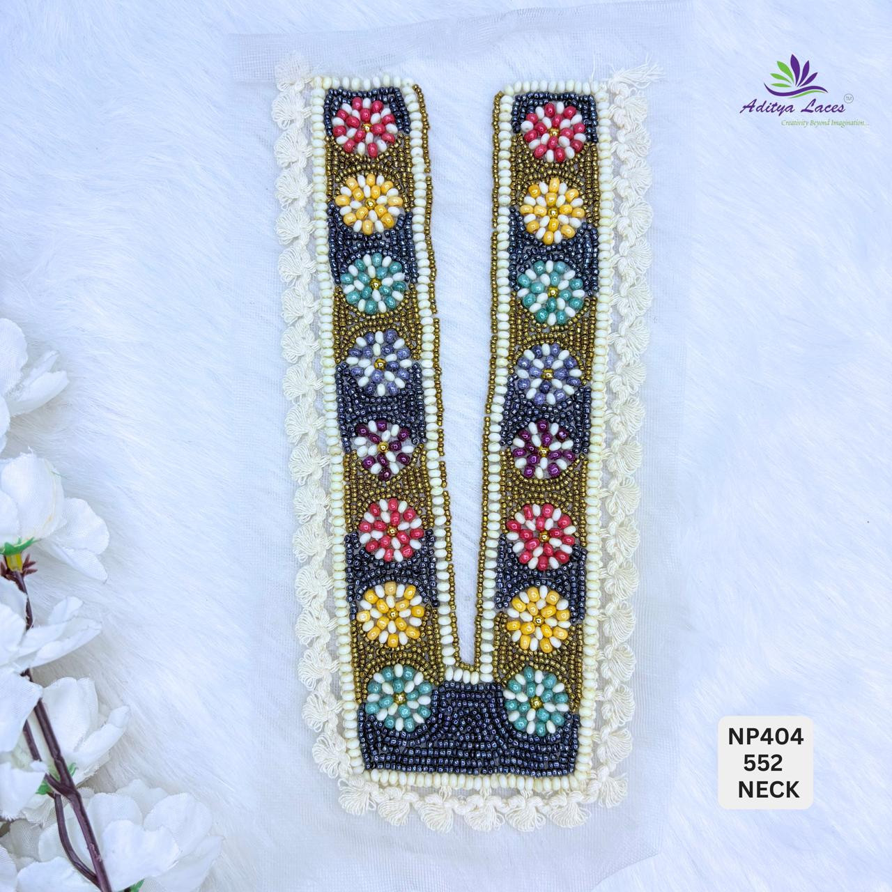 Beads Embroidered Neck Lace Trim with Floral Motifs Designer Bridal Ethnic Fashion Neckline
