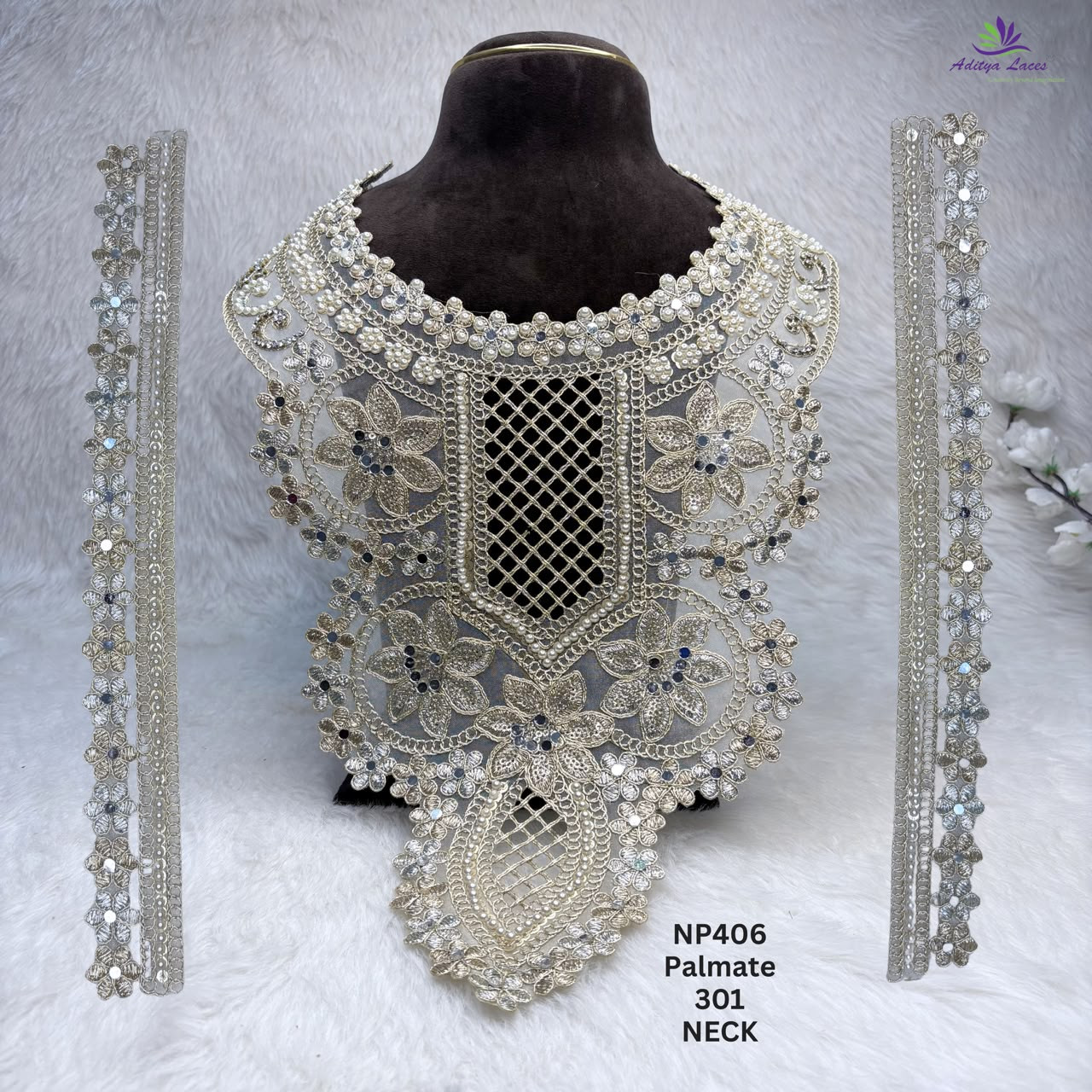 Designer Heavy Bridal Neck Lace Patch with Central Lattice Jaali Floral Palmette Motifs Premium Beaded Collar Trim Set with Matching Borders