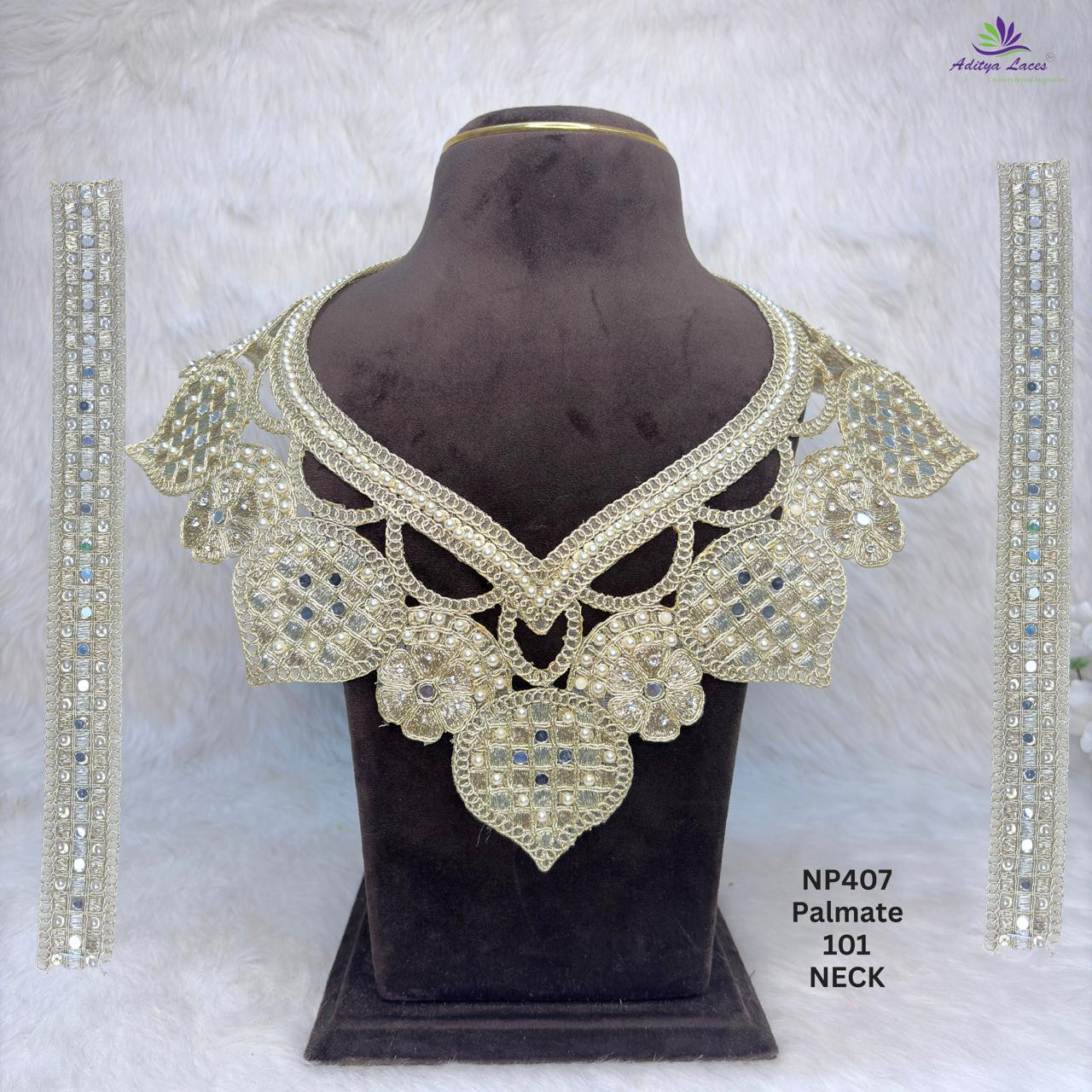 Designer Heavy V-Neck Pearl Beaded Neck Patch with Mirror Lattice Floral Motifs Side Panels for Bridal Blouse Saree Ethnic Wear