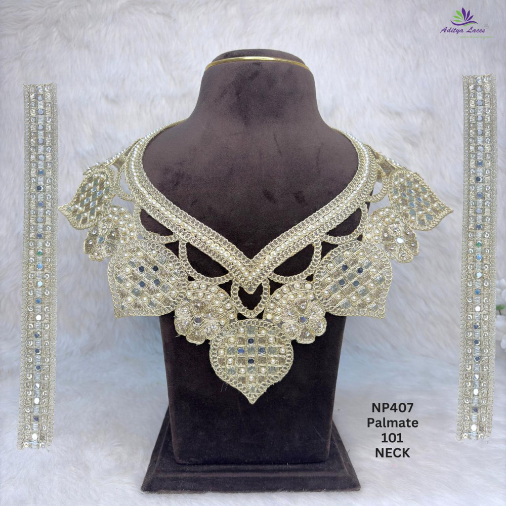 Image of Designer Heavy V-Neck Pearl Beaded Neck Patch with Mirror Lattice, Floral Motifs &amp; Side Panels for Bridal Blouse, Saree &amp; Ethnic Wear