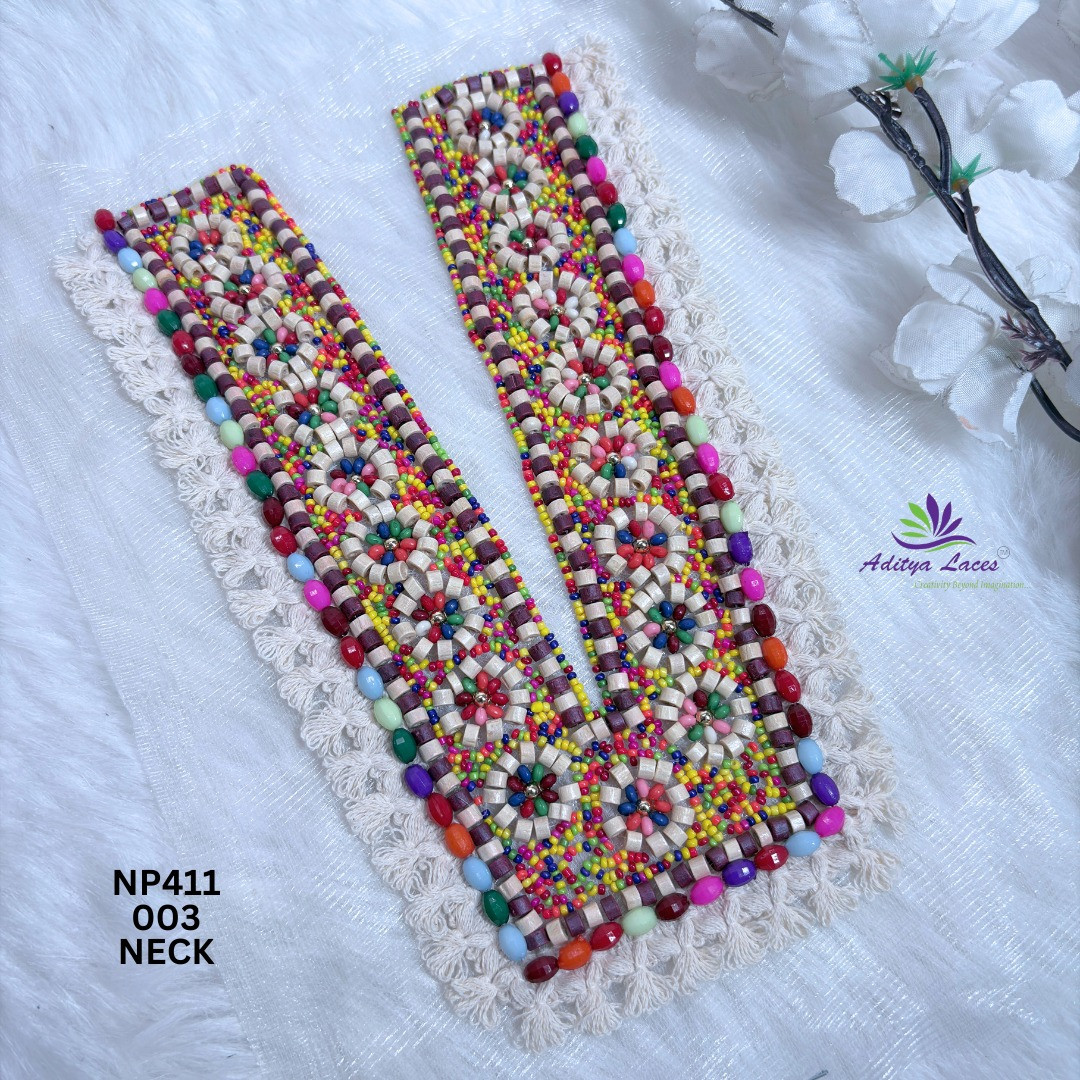Designer Multicolor Floral Beaded U-Neck Patch with Crochet Border for Saree Blouse Ethnic Wear Bohemian Fashion Trim