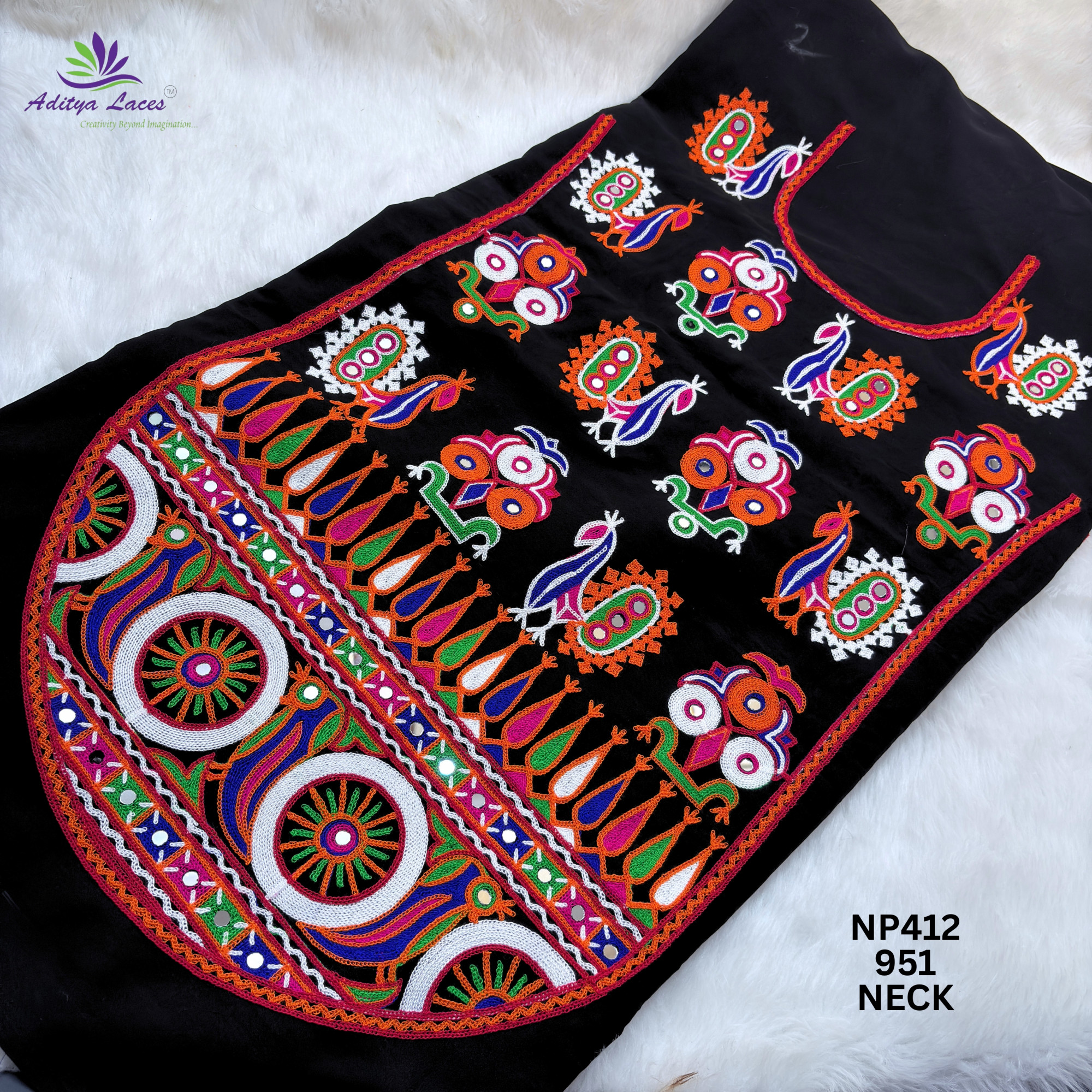 Designer Multicolor Gamthi Mirror Work U-Neck Patch for Blouses  Ethnic Wear  Traditional Peacock Embroidery Trim