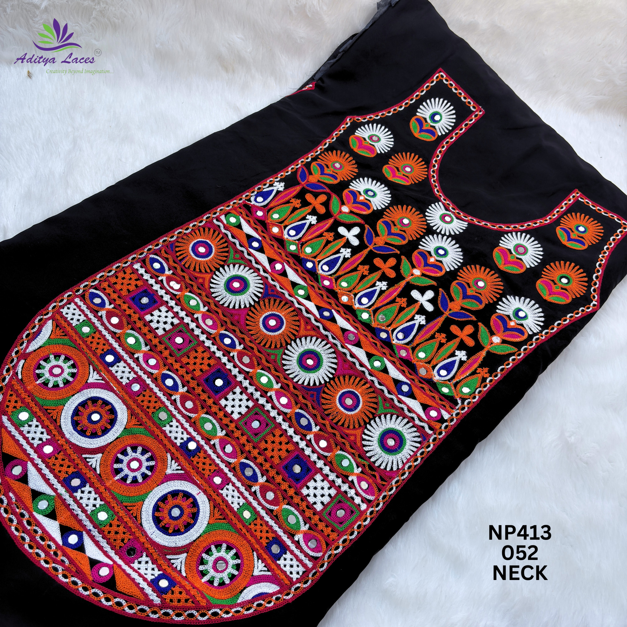 Designer Multicolor Gamthi Mirror Work U-Neck Patch for Blouses  Ethnic Wear  Traditional Embroidery Fabric Embellishment