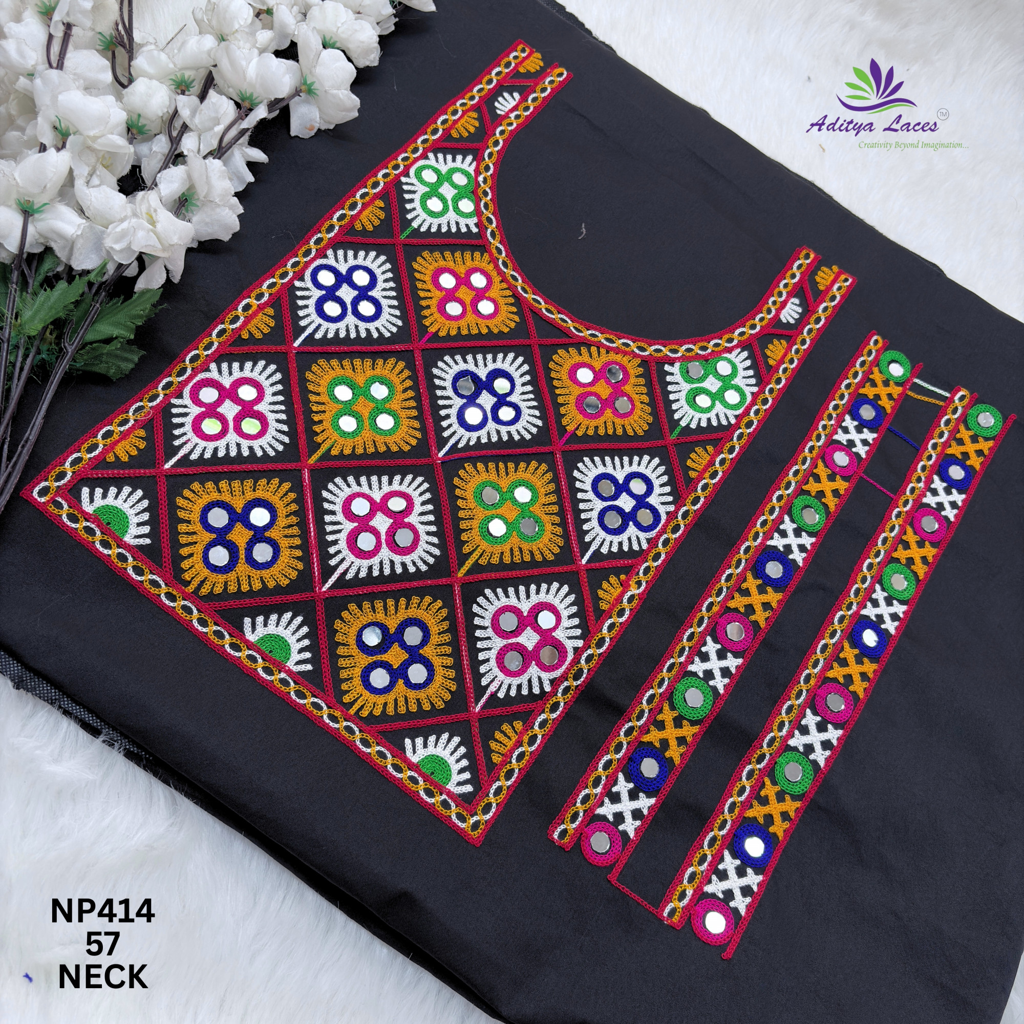 Designer Multicolor Geometric Mirror Work U-Neck Patch Borders for Blouses Ethnic Fashion Trim NP414