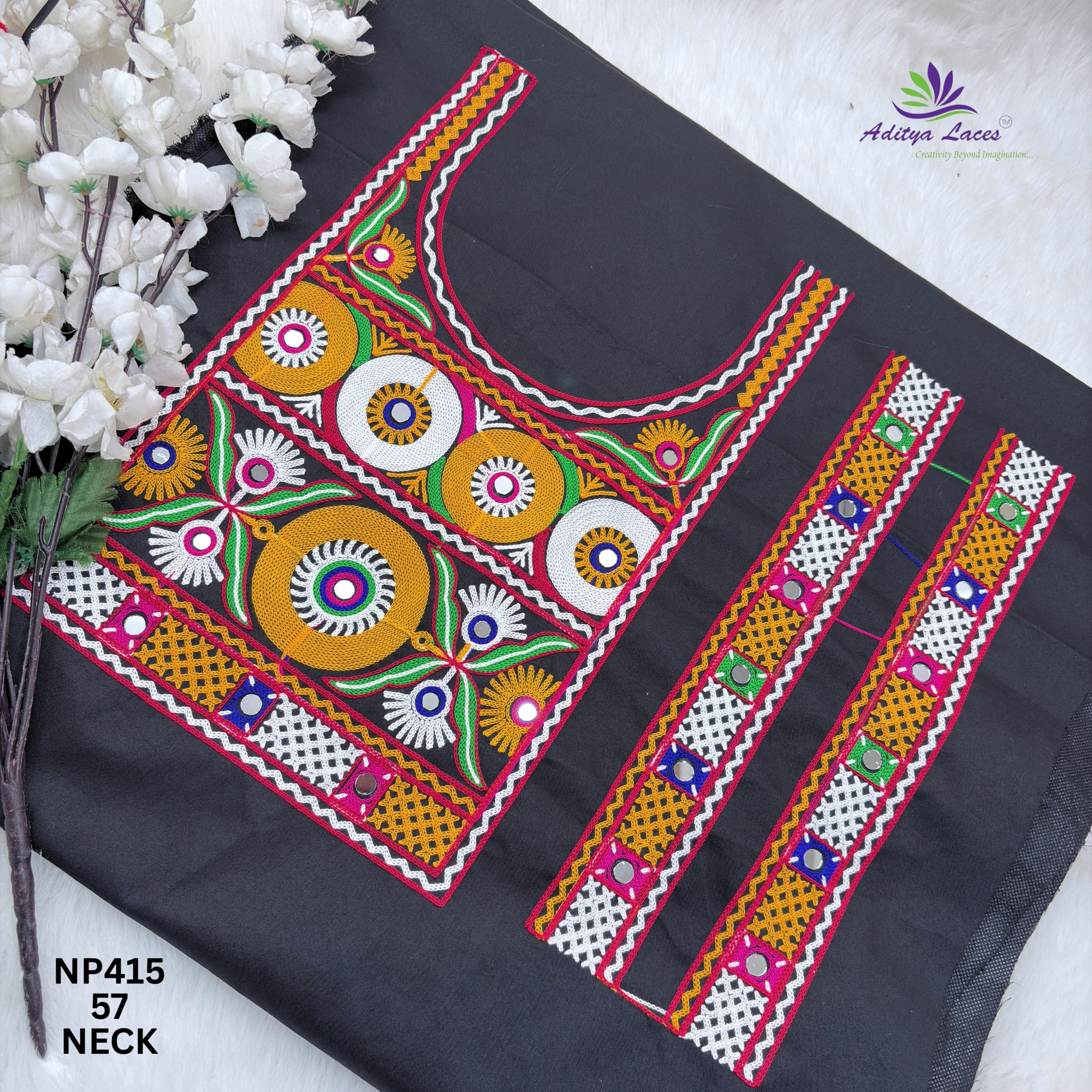 Designer Gamthi Floral Medallion Mirror Work U-Neck Patch with Matching Strips for Saree Blouse Kurti  Bridal Wear - NP415