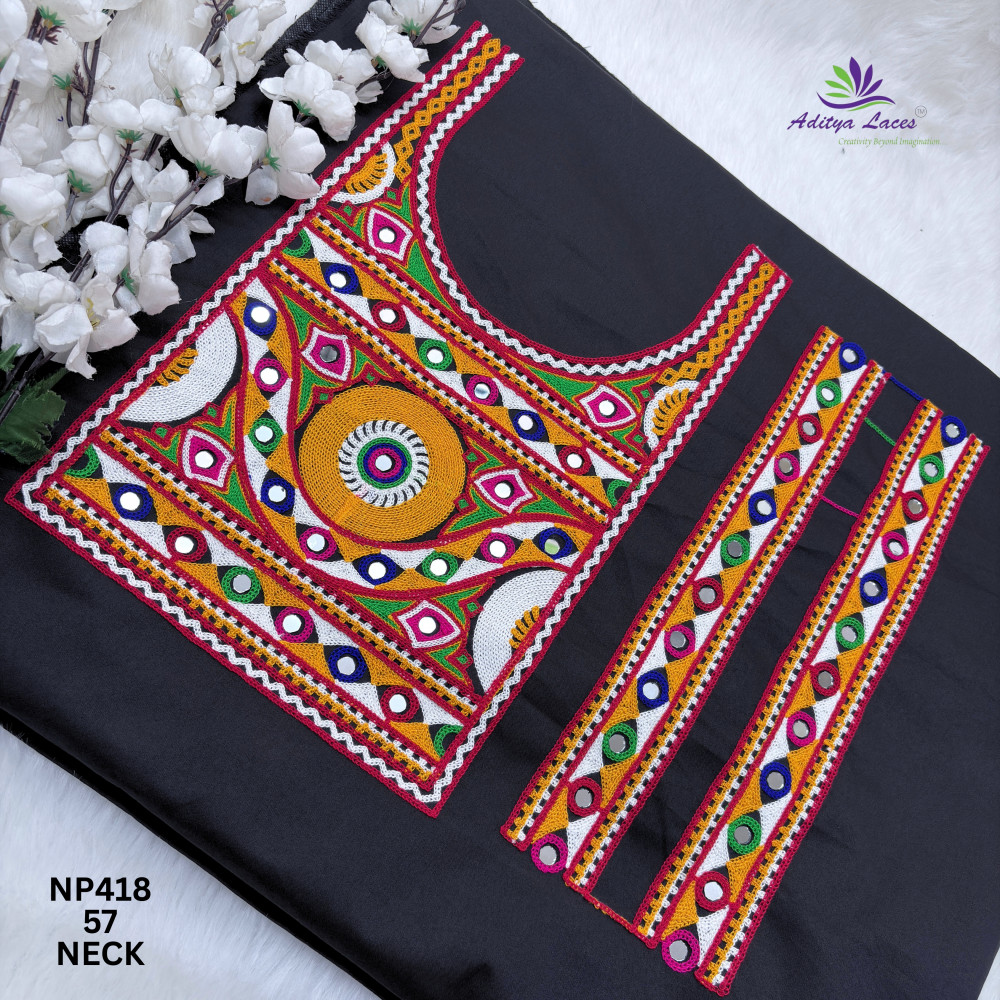 Image of Designer Gamthi Mirror Work U-Neck Patch with Circular Medallion &amp; Side Strips for Saree Blouse, Kurti &amp; Bridal Wear - NP418