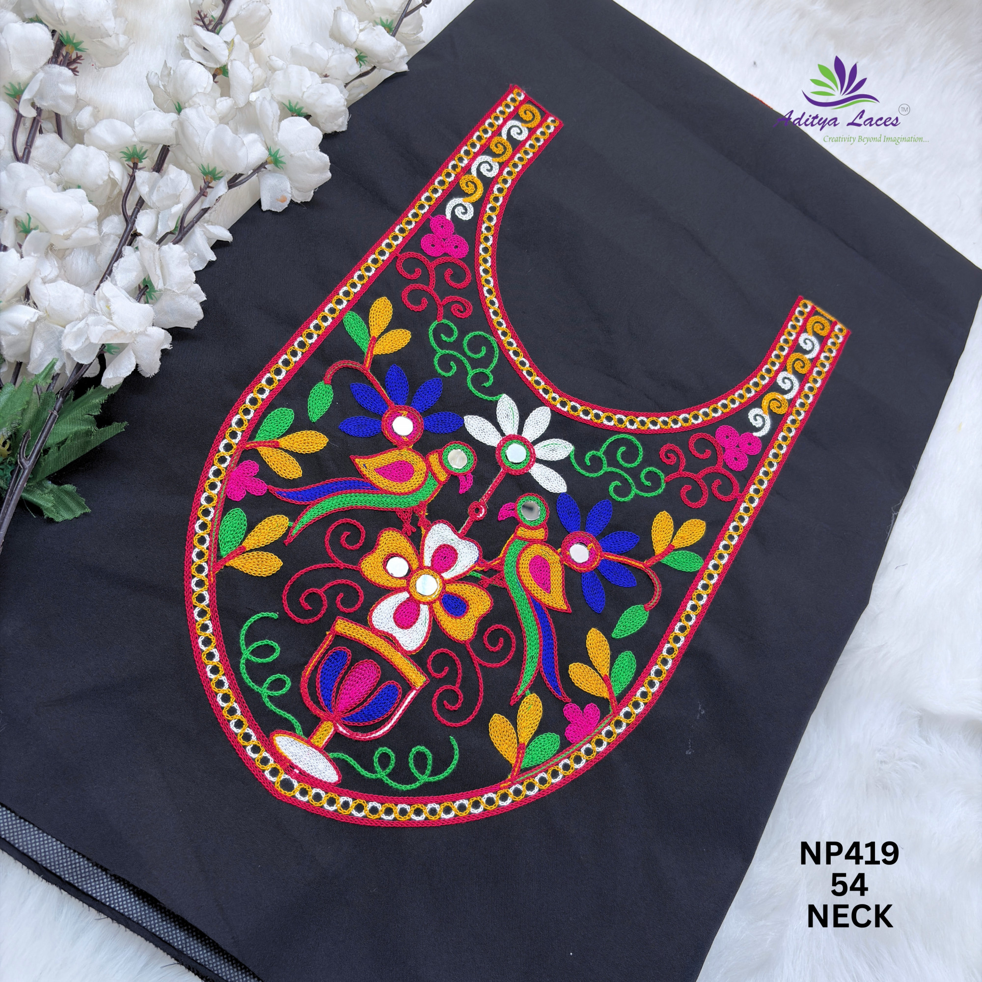 Designer Gamthi Floral Paisley Mirror Work U-Neck Patch for Saree Blouse Kurti  Bridal Ethnic Wear  Kutch Embroidery NP419