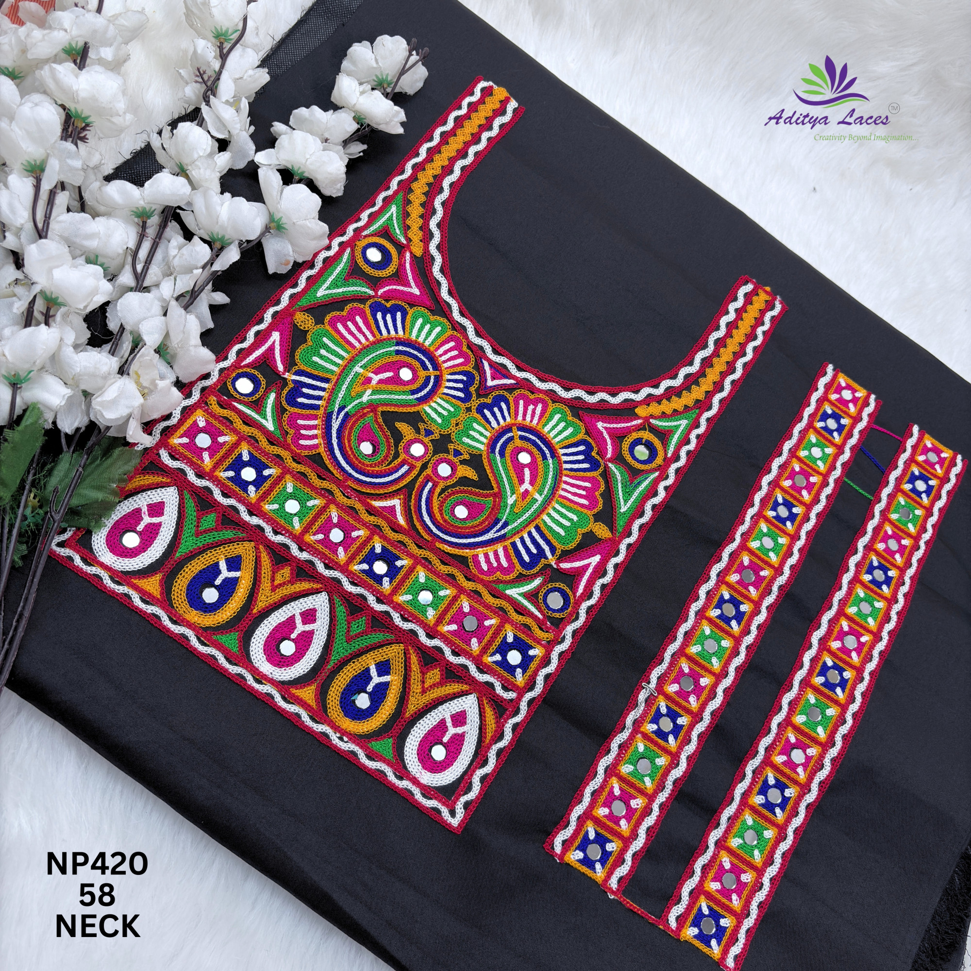 Designer Multicolor Gamthi Mirror Work U-Neck Patch Sleeve Borders for Blouses Traditional Peacock Embroidery Trim NP420