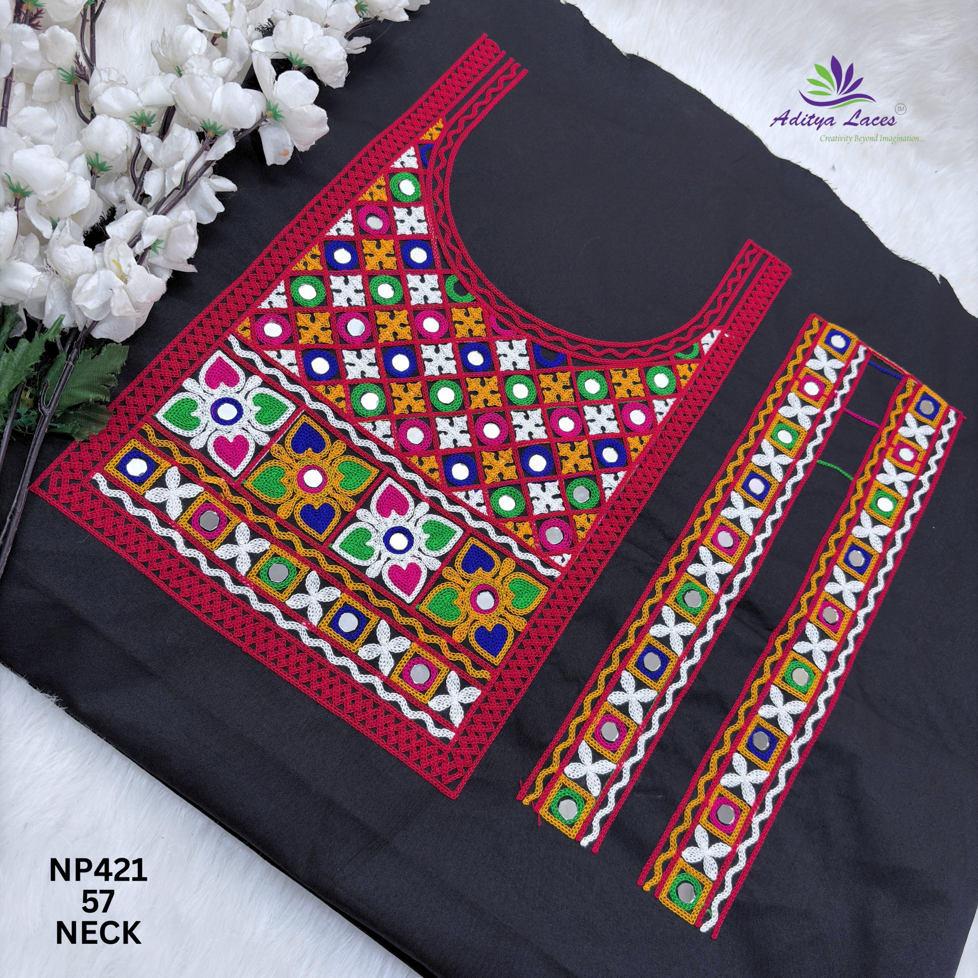 Designer Gamthi Mirror Work U-Neck Patch with Geometric Lattice Heart Motifs for Saree Blouse Kurti Bridal Ethnic Wear