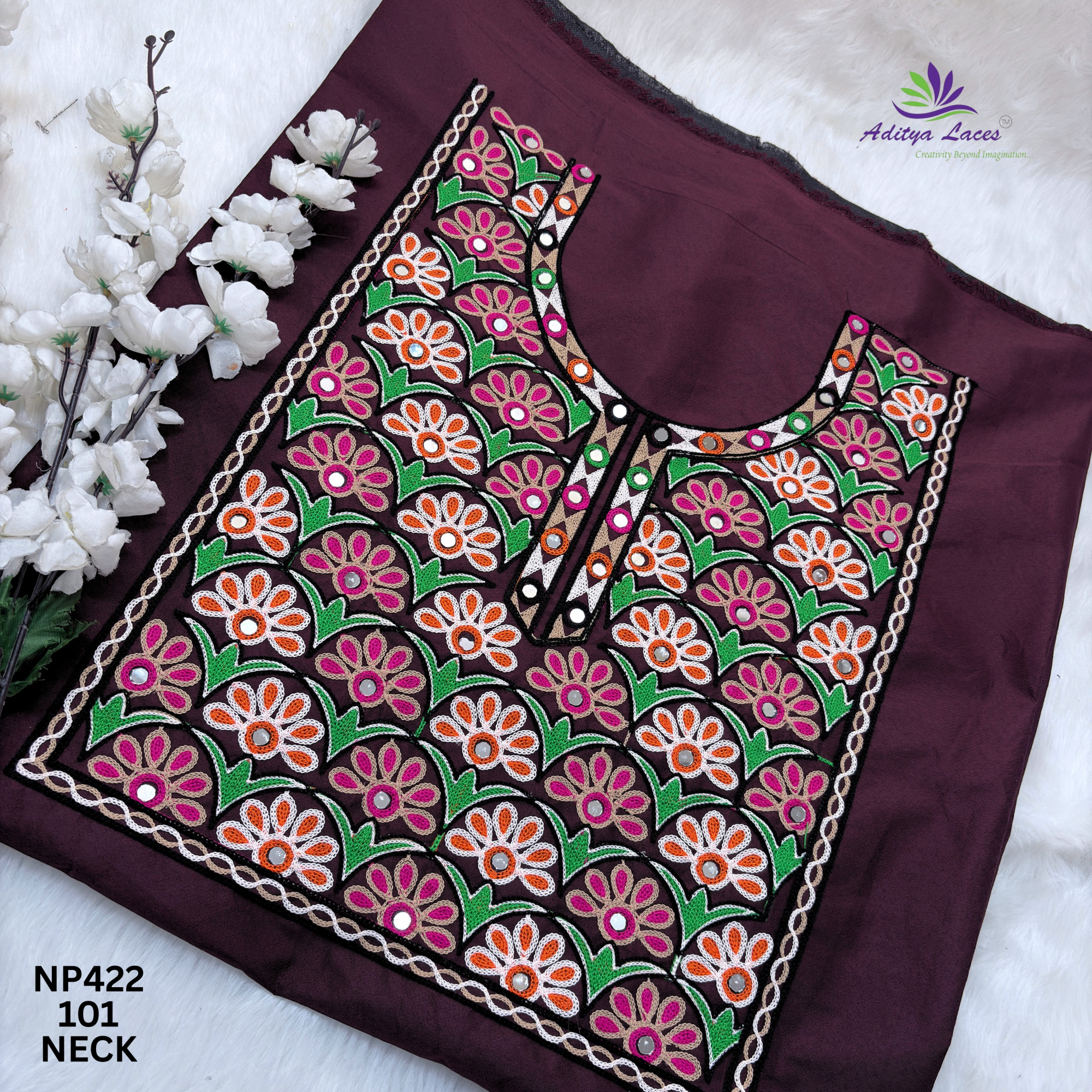 Designer Gamthi Floral Mirror Work U-Neck Patch with Center Slit for Saree Blouse Kurti  Bridal Wear  NP422