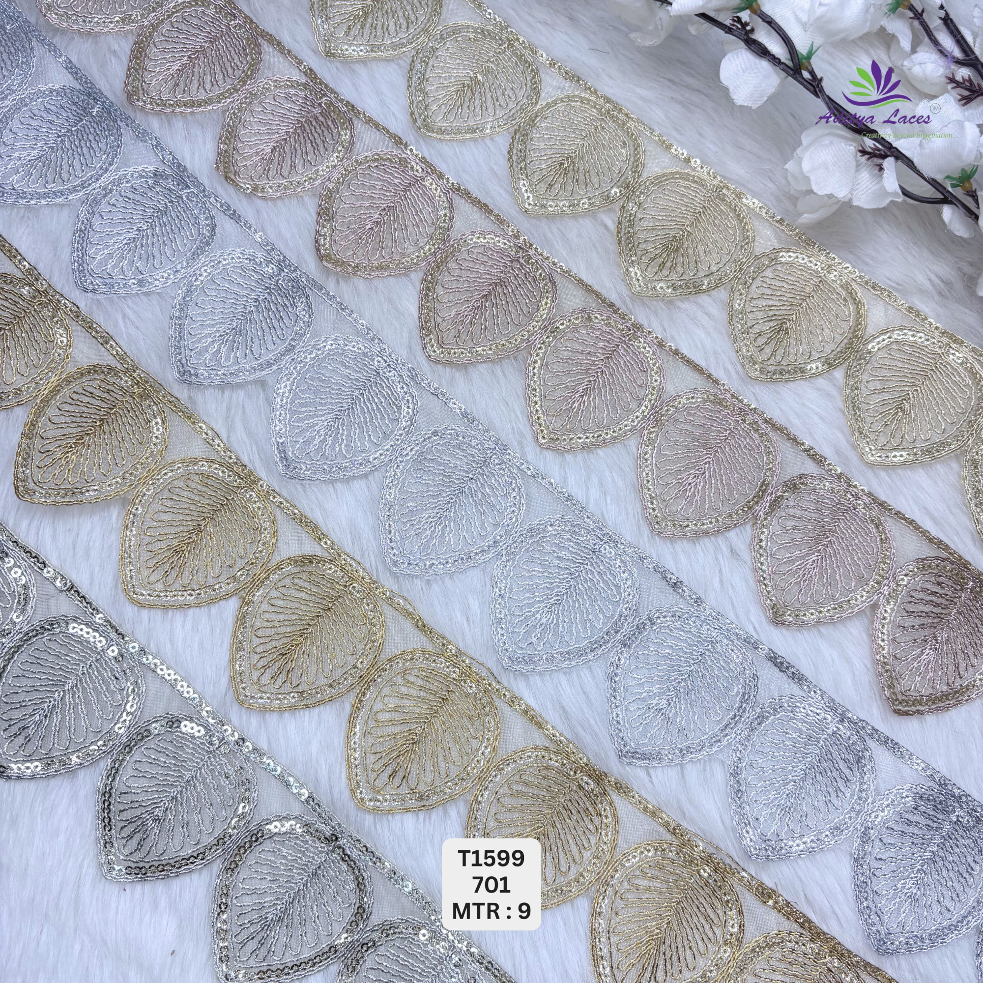 Designer Sequence Lace Scalloped Leaf Motif Border for Sarees Bridal Wear Large Teardrop Sequin Trim
