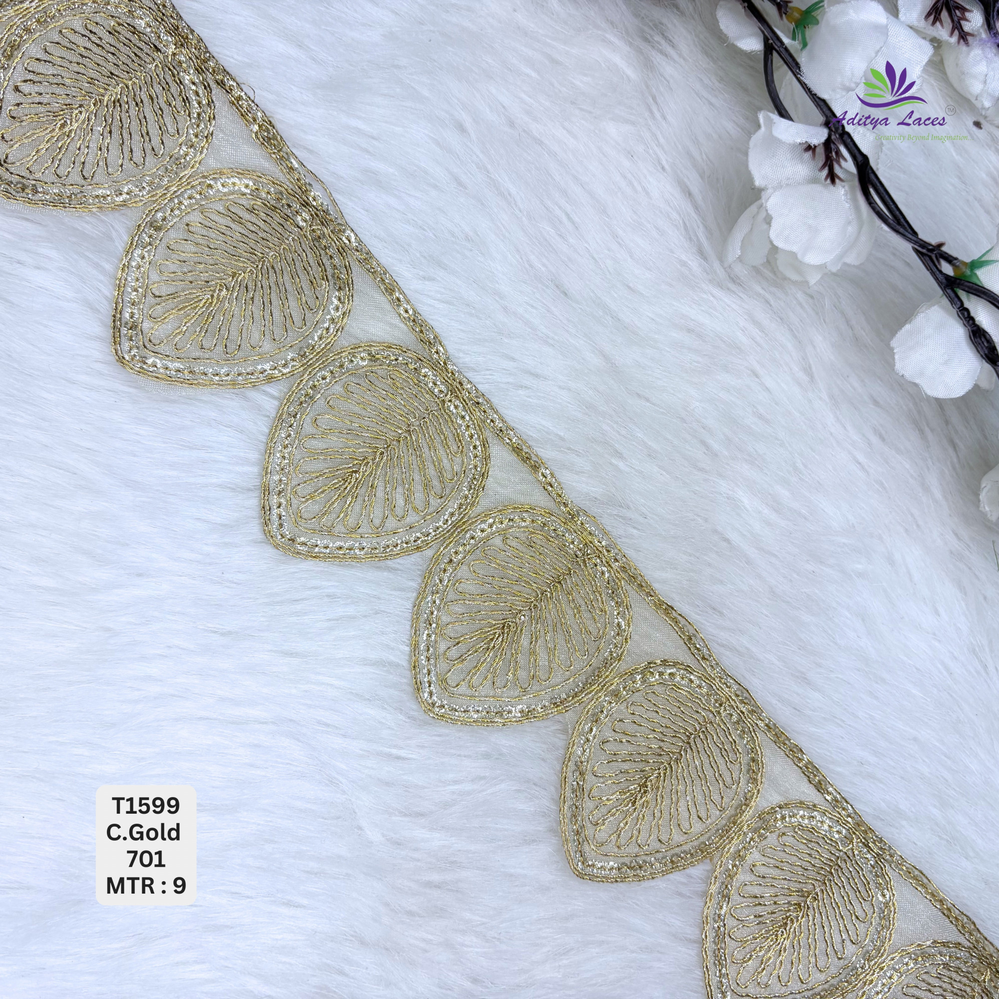 Designer Sequence Lace Scalloped Leaf Motif Border for Sarees Bridal Wear Large Teardrop Sequin Trim