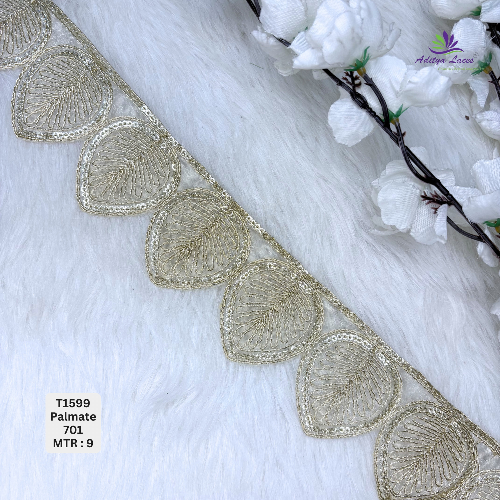 Designer Sequence Lace Scalloped Leaf Motif Border for Sarees Bridal Wear Large Teardrop Sequin Trim