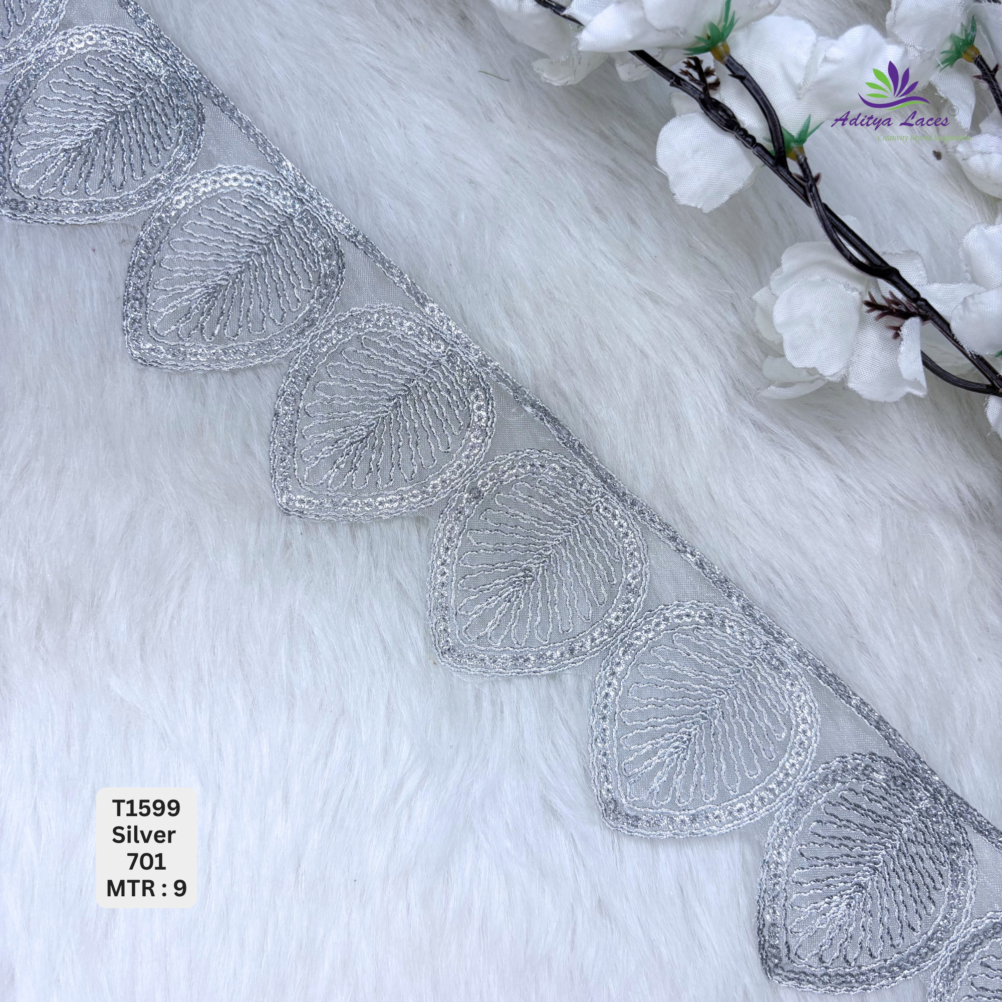 Designer Sequence Lace Scalloped Leaf Motif Border for Sarees Bridal Wear Large Teardrop Sequin Trim