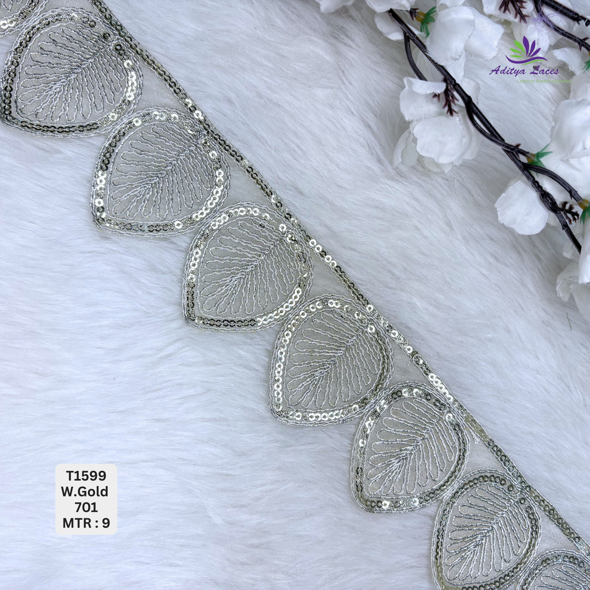Designer Sequence Lace Scalloped Leaf Motif Border for Sarees Bridal Wear Large Teardrop Sequin Trim