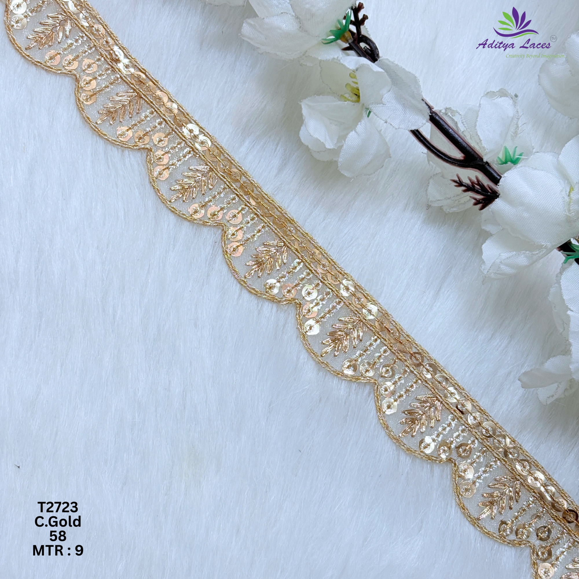 Designer Tissue Scalloped Sequin Lace Border for Sarees Bridal Wear Leaf Embroidery Ethnic Fashion Trim