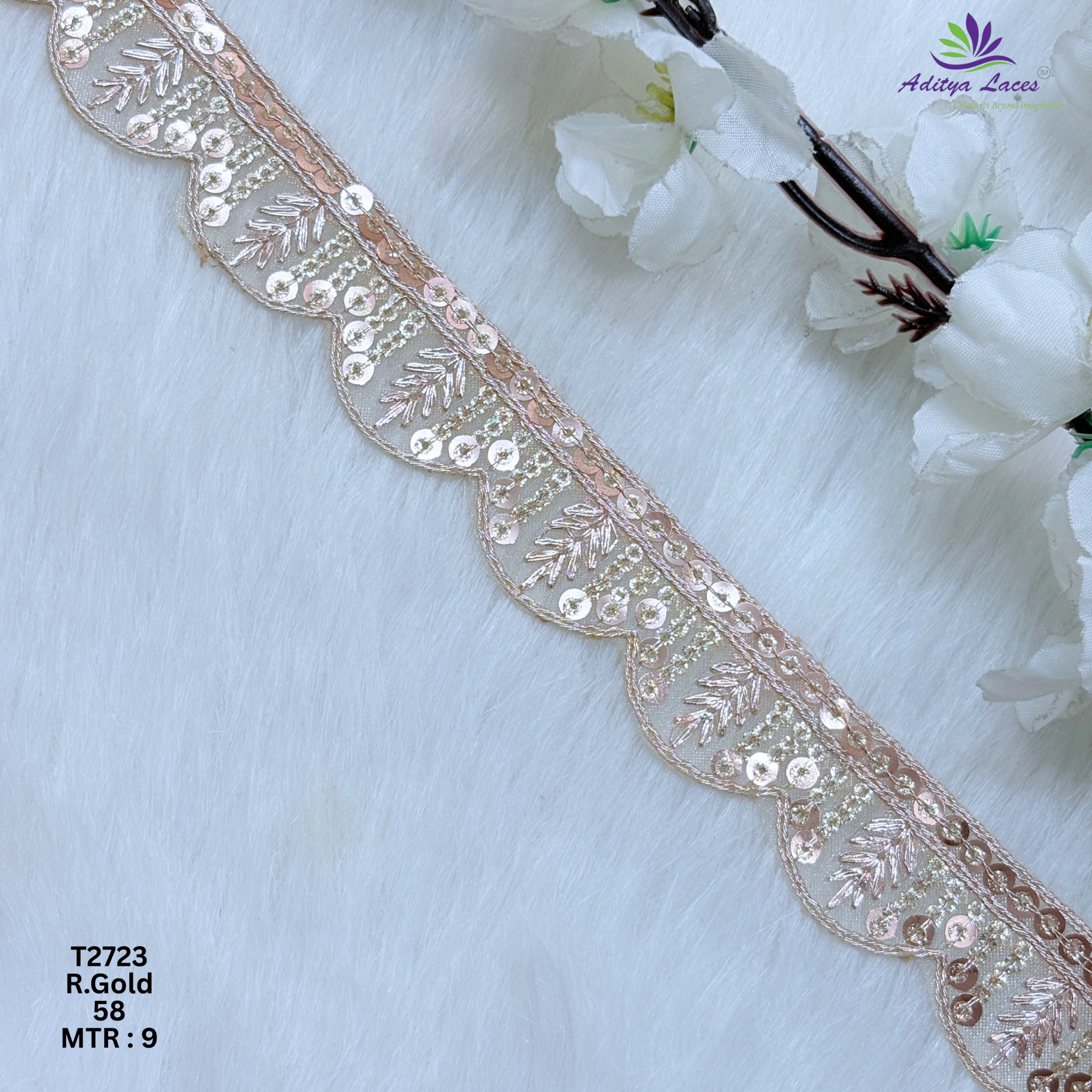 Designer Tissue Scalloped Sequin Lace Border for Sarees Bridal Wear Leaf Embroidery Ethnic Fashion Trim