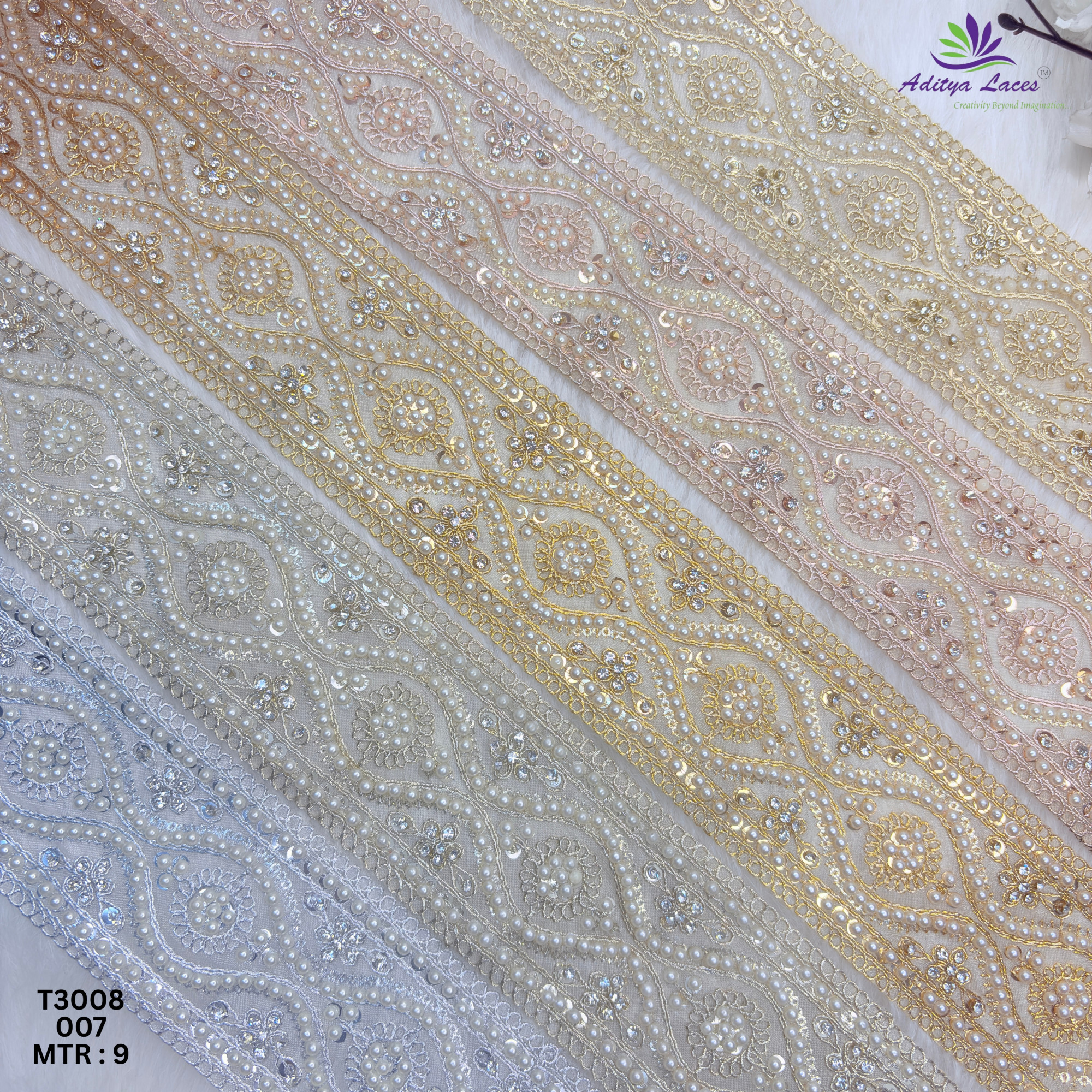 Designer Tissue Handwork Straight Ogee Paisley Pearl Stone Lace Border for Sarees Lehengas Bridal Wear T3008