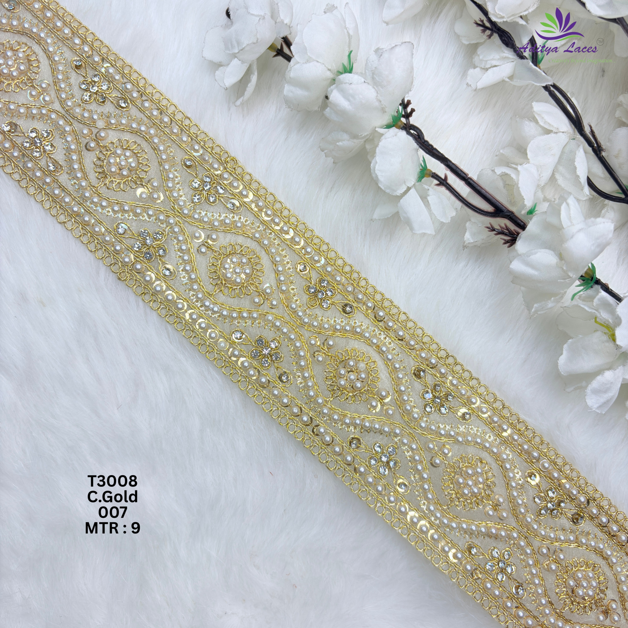 Designer Tissue Handwork Straight Ogee Paisley Pearl Stone Lace Border for Sarees Lehengas Bridal Wear T3008