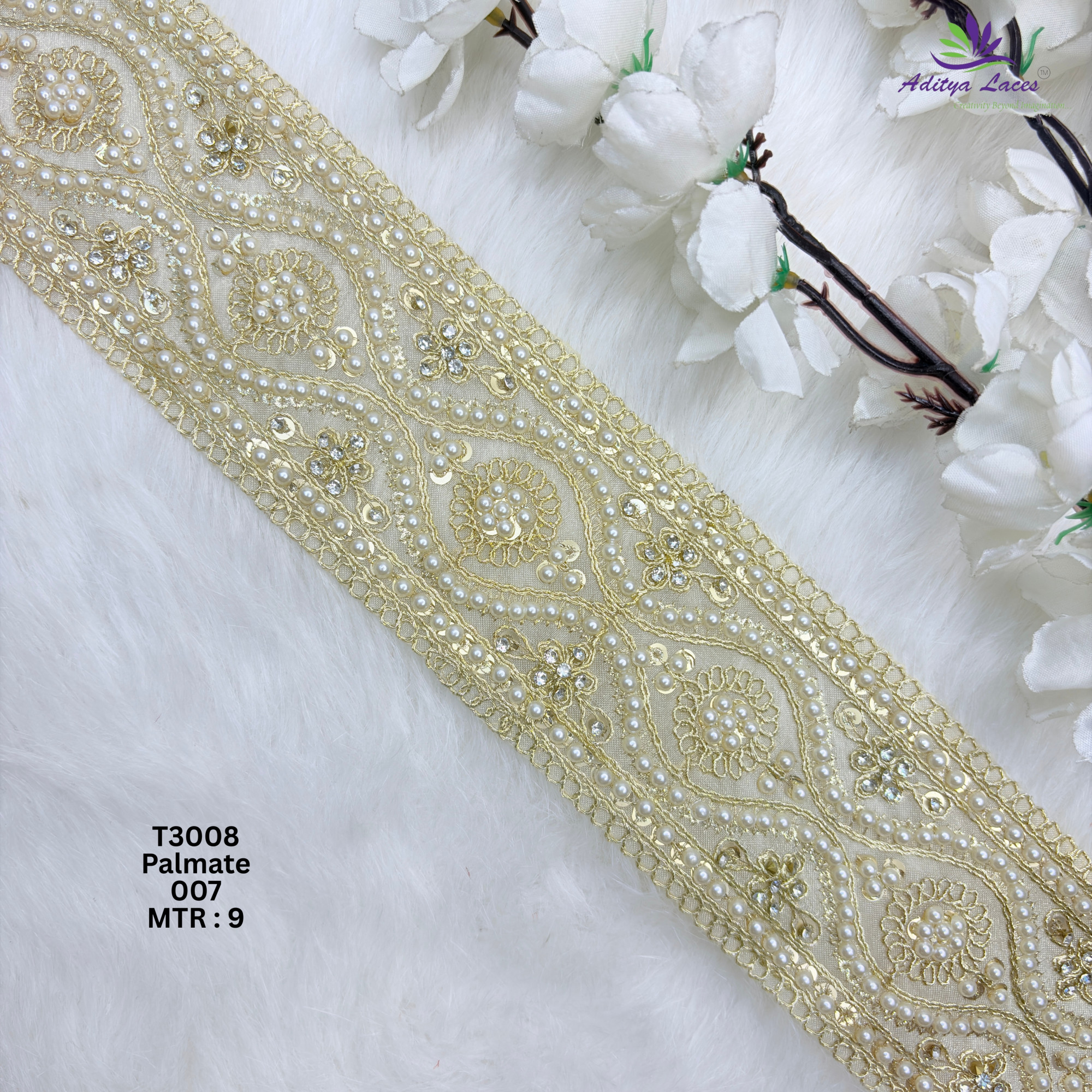 Designer Tissue Handwork Straight Ogee Paisley Pearl Stone Lace Border for Sarees Lehengas  Bridal Wear  T3008