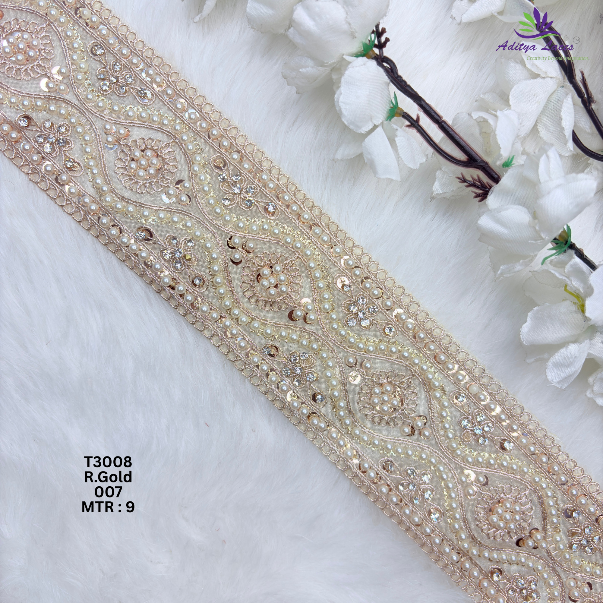 Designer Tissue Handwork Straight Ogee Paisley Pearl Stone Lace Border for Sarees Lehengas Bridal Wear T3008
