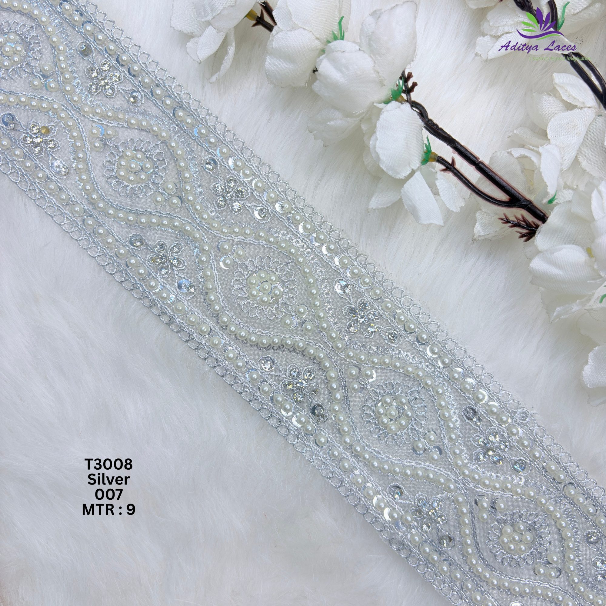 Designer Tissue Handwork Straight Ogee Paisley Pearl Stone Lace Border for Sarees Lehengas Bridal Wear T3008