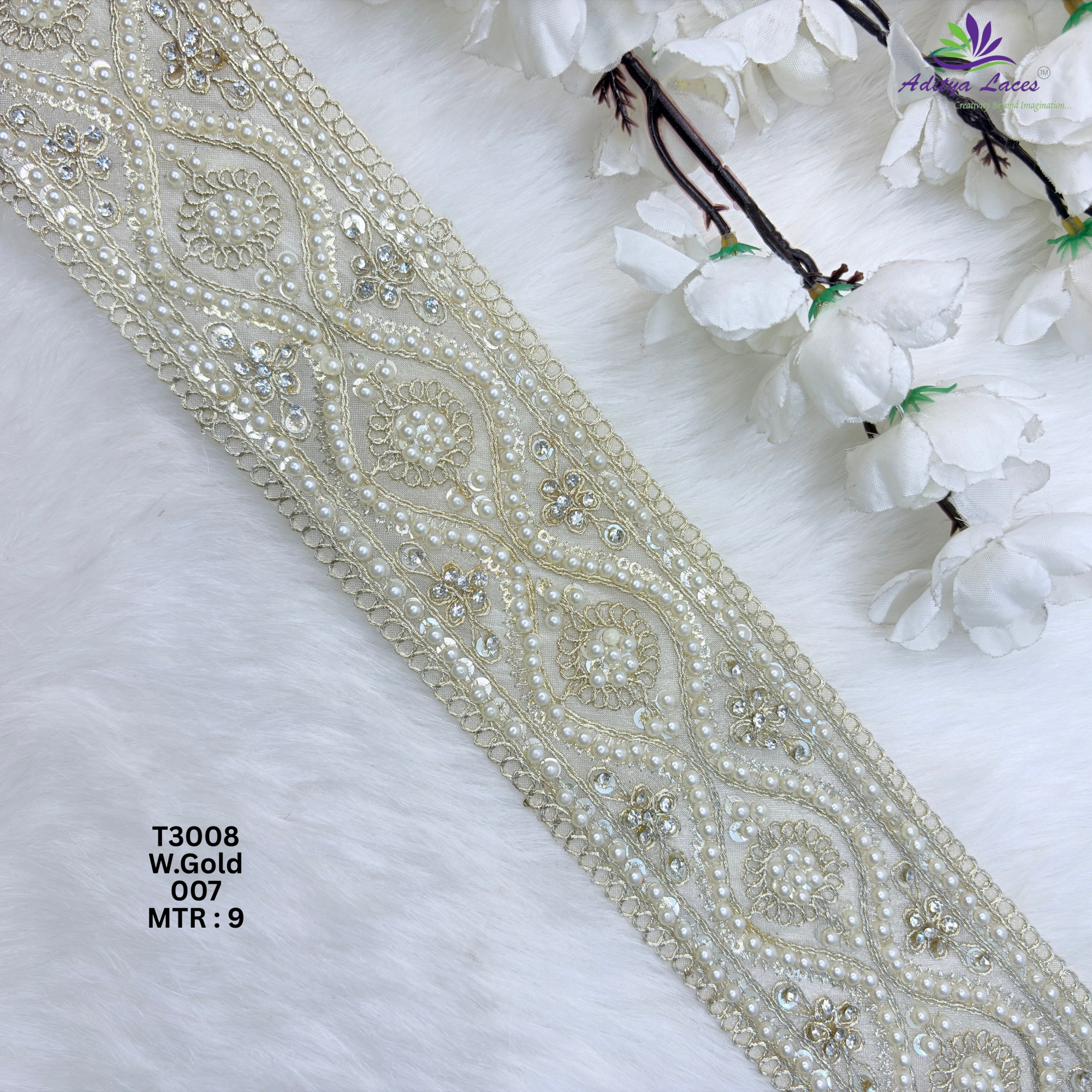 Designer Tissue Handwork Straight Ogee Paisley Pearl Stone Lace Border for Sarees Lehengas Bridal Wear T3008