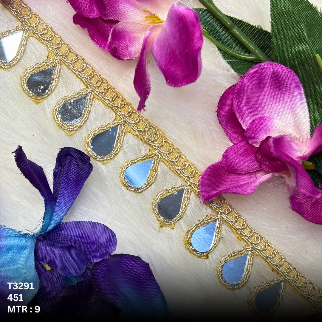 Premium Golden Tissue Handwork Beads Lace Trim with Hanging Drops Designer Saree Border Bridal Decorative Lace for Ethnic Fashion Wholesale Supplier