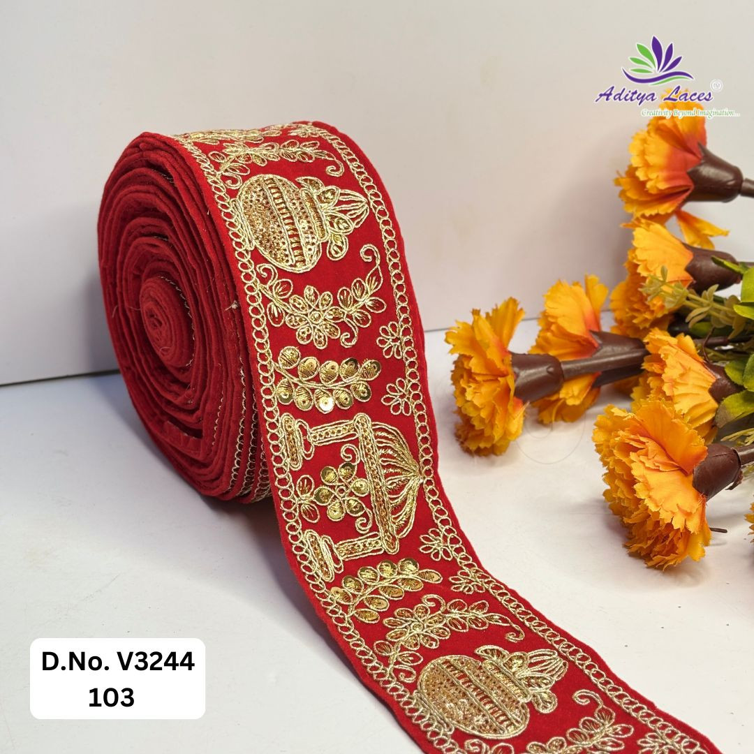 Red Velvet Gold Zari Embroidery Lace Trim Designer Saree Border Bridal Decorative Lace