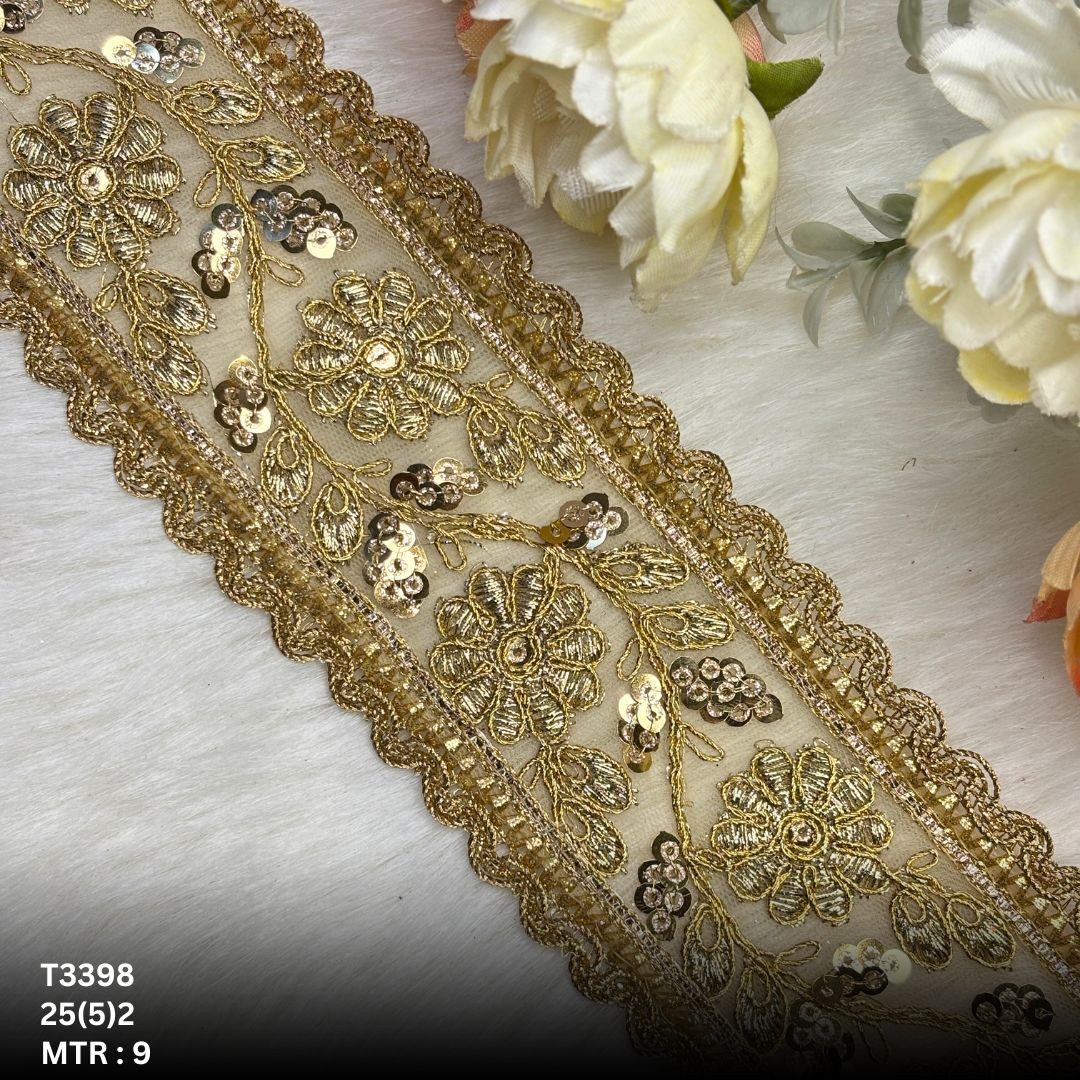 Gold Tissue Handwork Embroidery Lace Trim Designer Saree Border Bridal Decorative Lace Wholesale Supplier