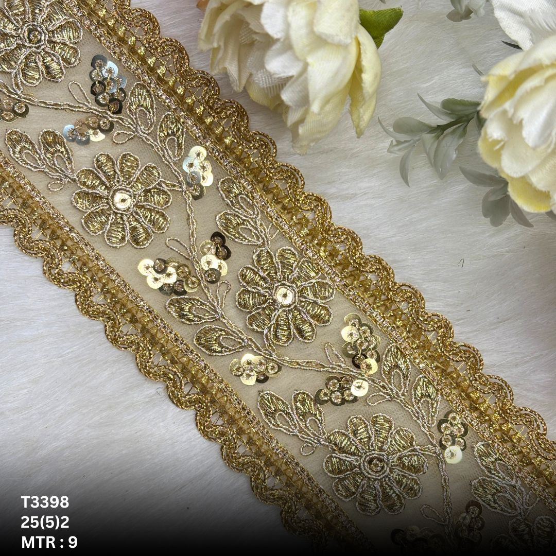 Gold Tissue Handwork Embroidery Lace Trim Designer Saree Border Bridal Decorative Lace Wholesale Supplier