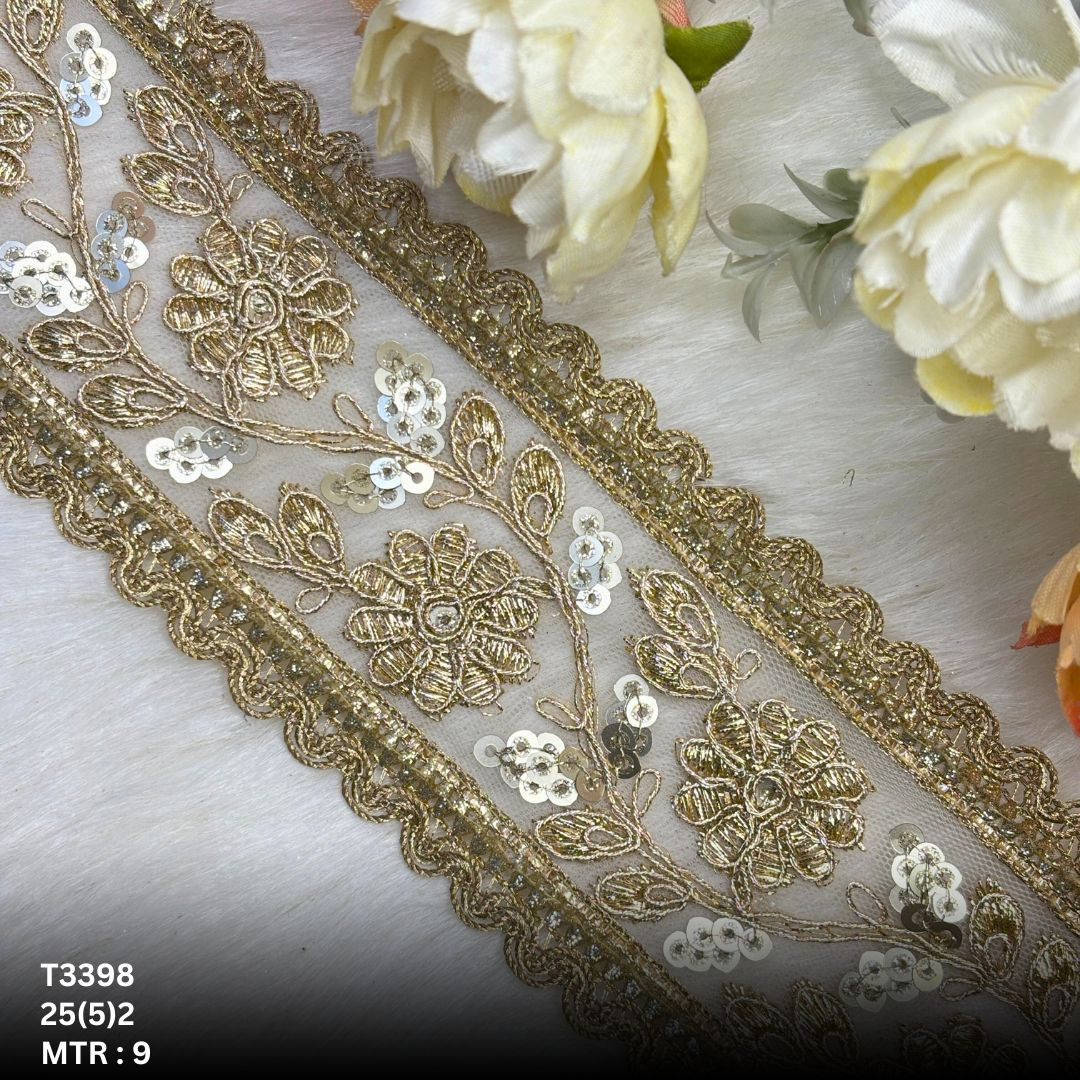 Gold Tissue Handwork Embroidery Lace Trim Designer Saree Border Bridal Decorative Lace Wholesale Supplier