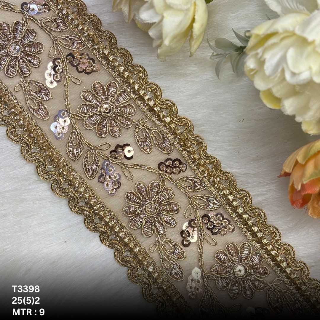 Gold Tissue Handwork Embroidery Lace Trim Designer Saree Border Bridal Decorative Lace Wholesale Supplier