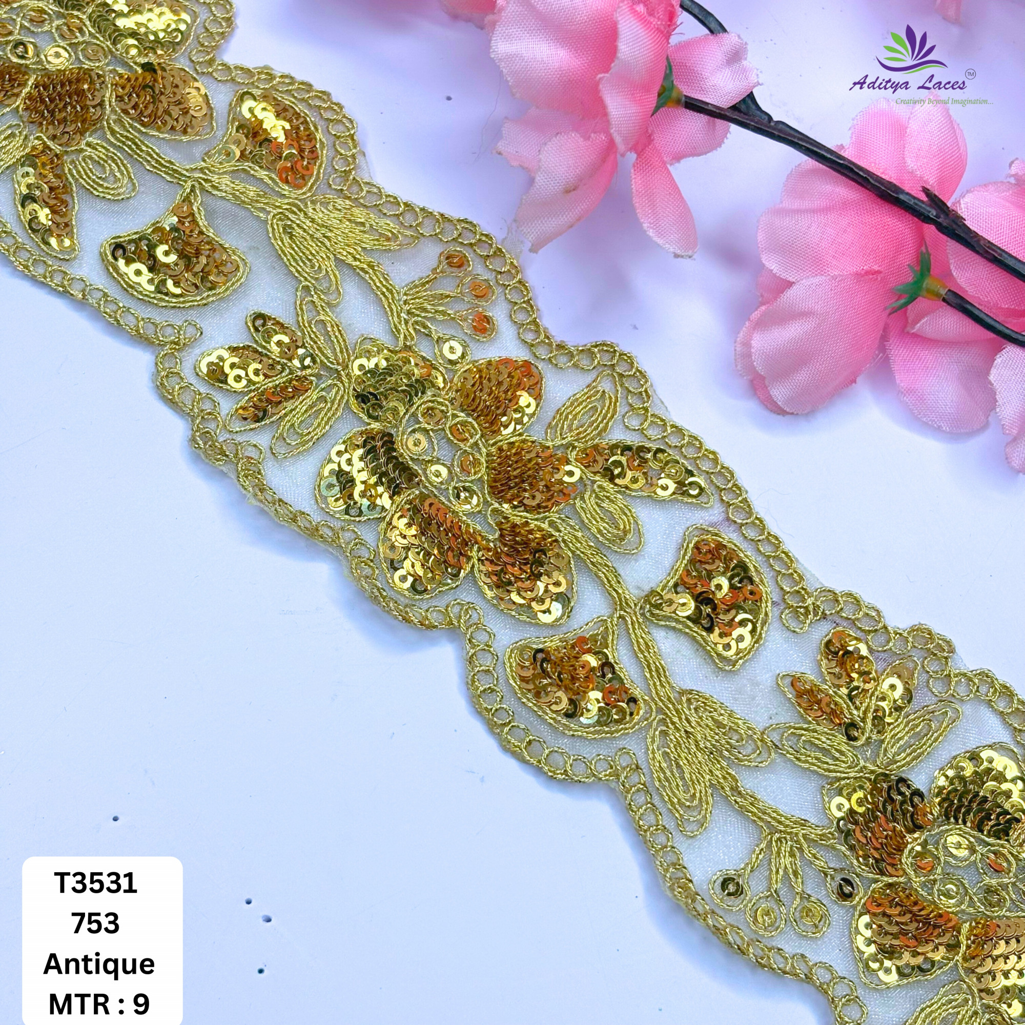 Decorative Tissue Lace Border with Sequins Work for Saree Bridal Wear