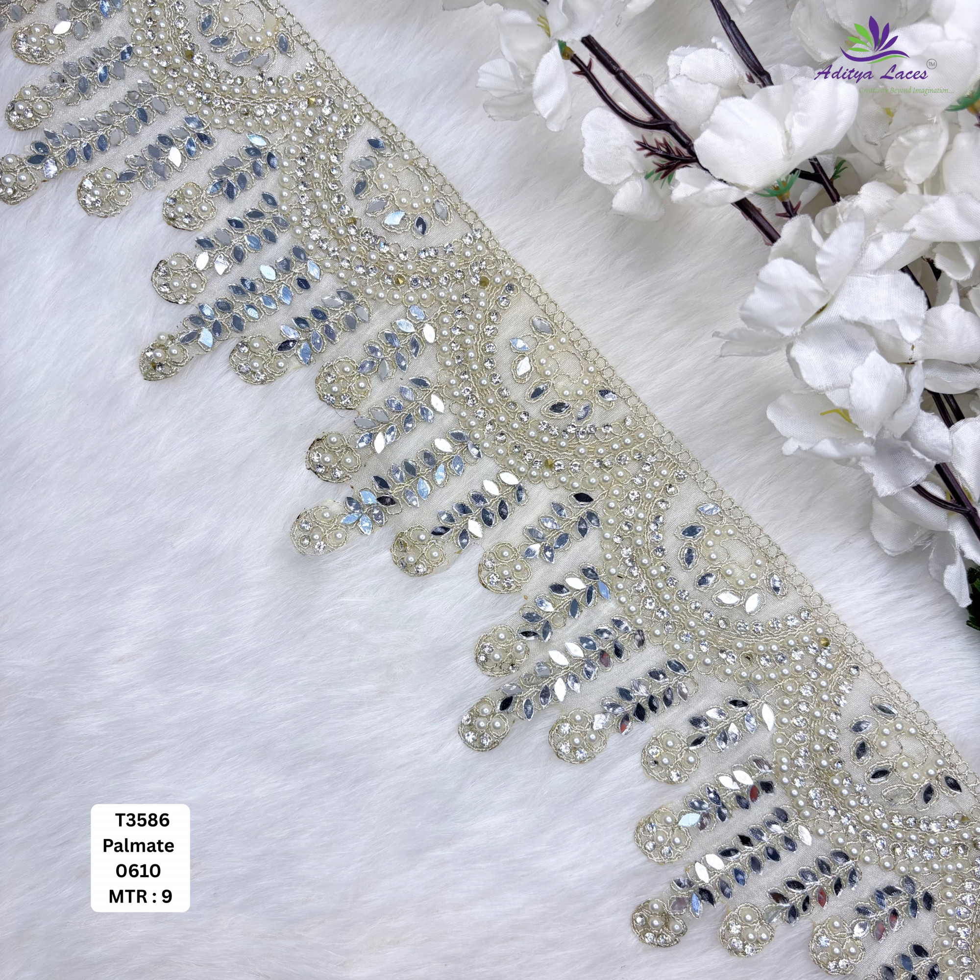 Premium Scalloped Tissue Handwork Embroidery Lace Trim Designer Pearl Saree Border Bridal Beads Lace for Ethnic Fashion Wholesale Supplier