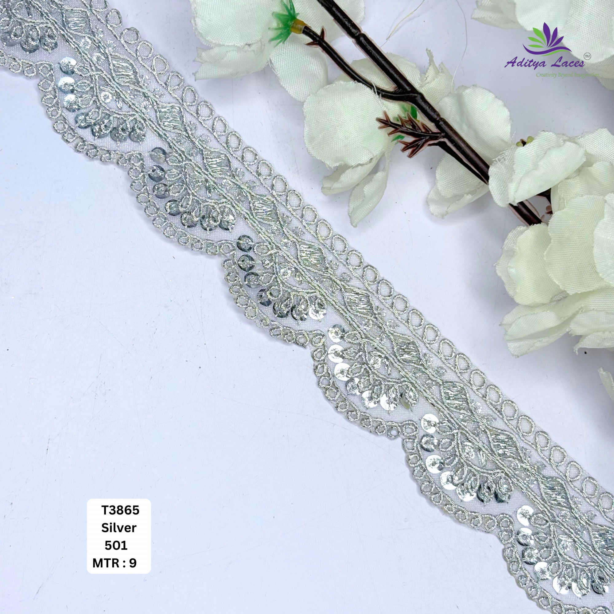 Decorative Tissue Lace Border with Sequins Work for Saree Bridal Wear