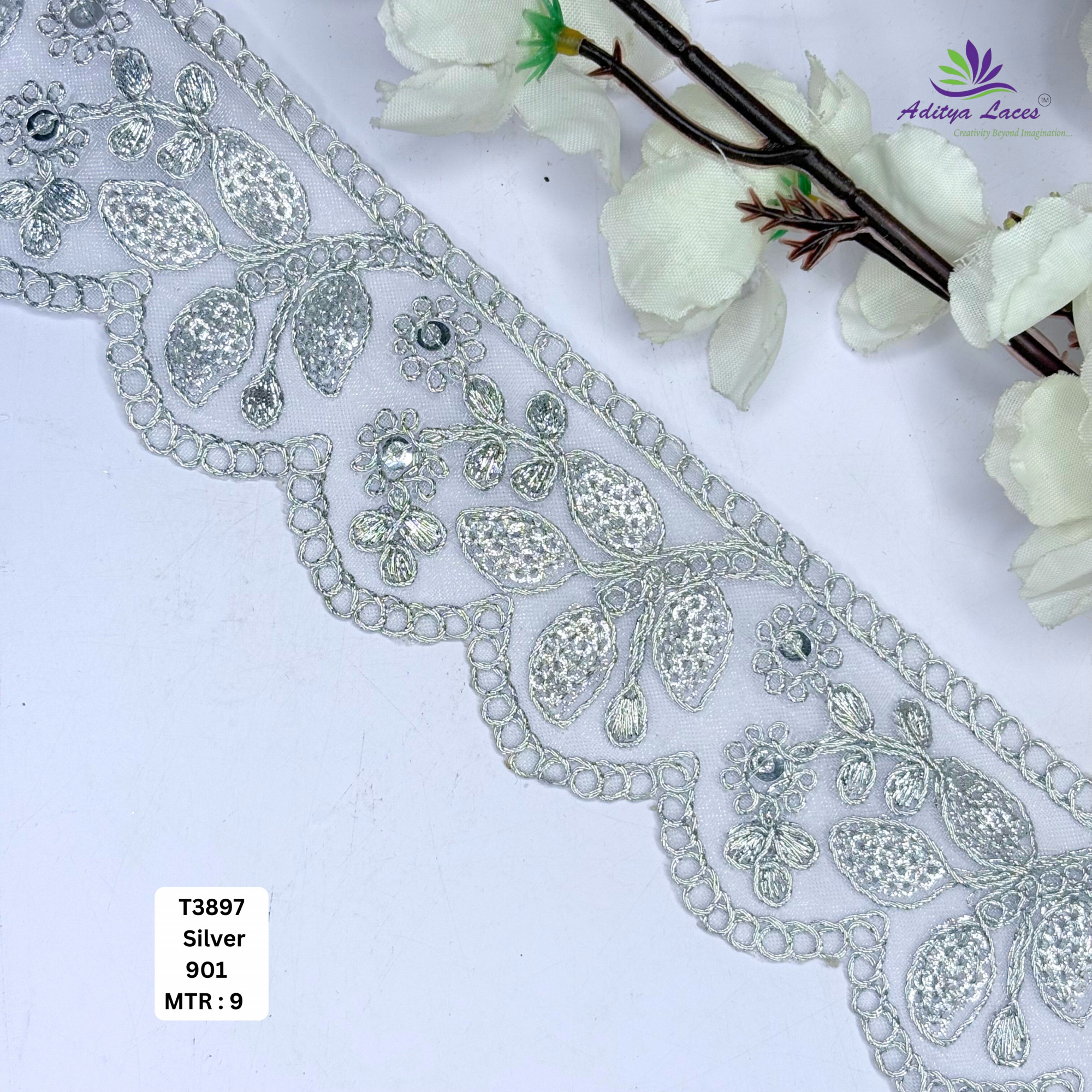 Fancy Tissue Lace Border with Sequins Work for Saree Bridal Wear