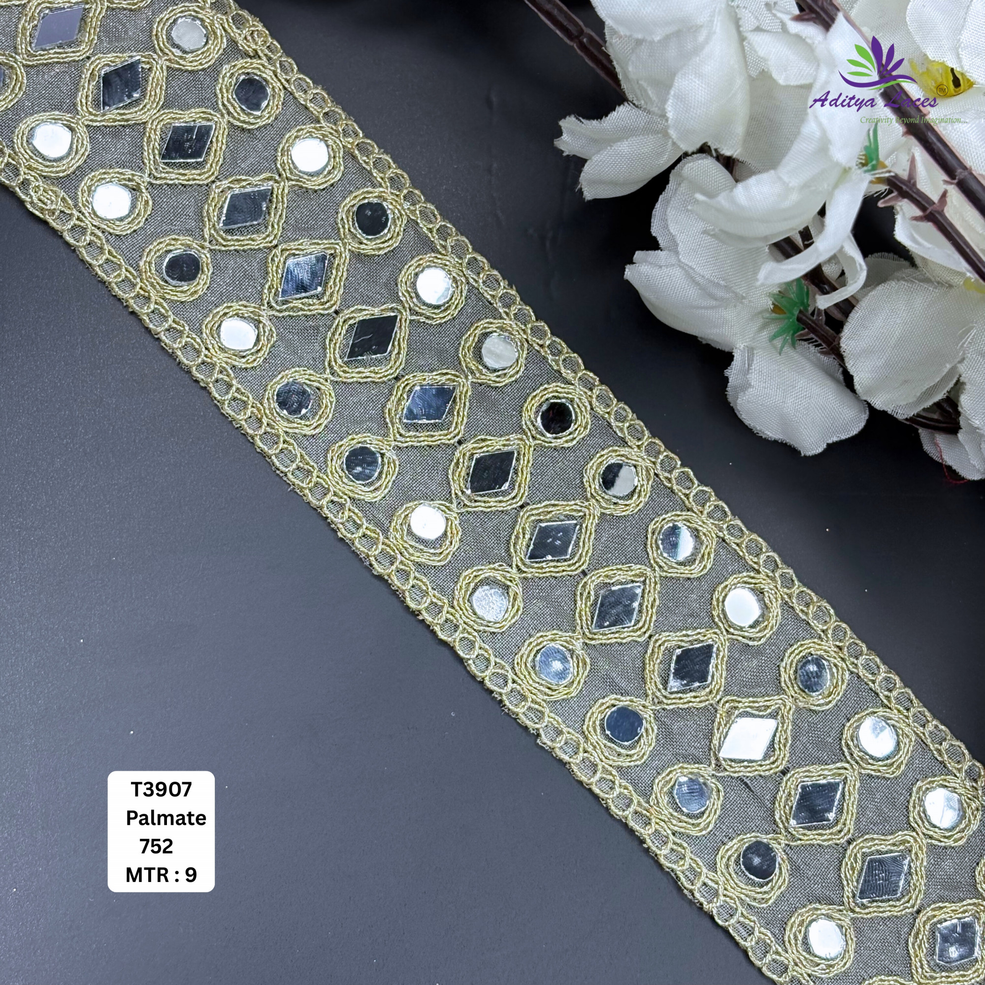 Premium Geometric Beaded Tissue Handwork Lace Trim Designer Saree Border Bridal Decorative Lace for Ethnic Fashion Wholesale Supplier