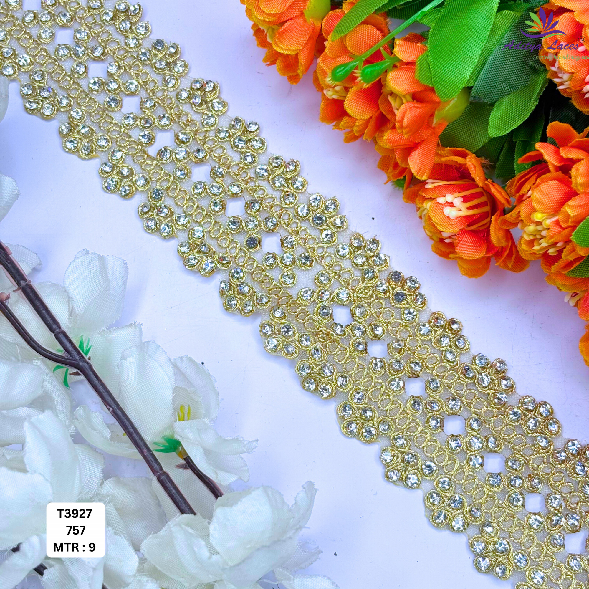 Premium Golden Tissue Handwork Embroidery Lace Trim Designer Saree Border Bridal Cutwork Lace for Ethnic Fashion