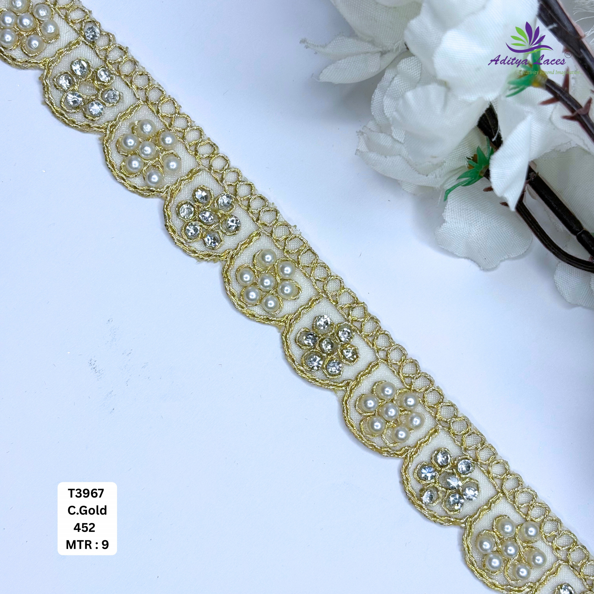 Premium Scalloped Tissue Handwork Lace Trim Designer Saree Border Bridal Beads Lace for Ethnic Fashion Wholesale Supplier
