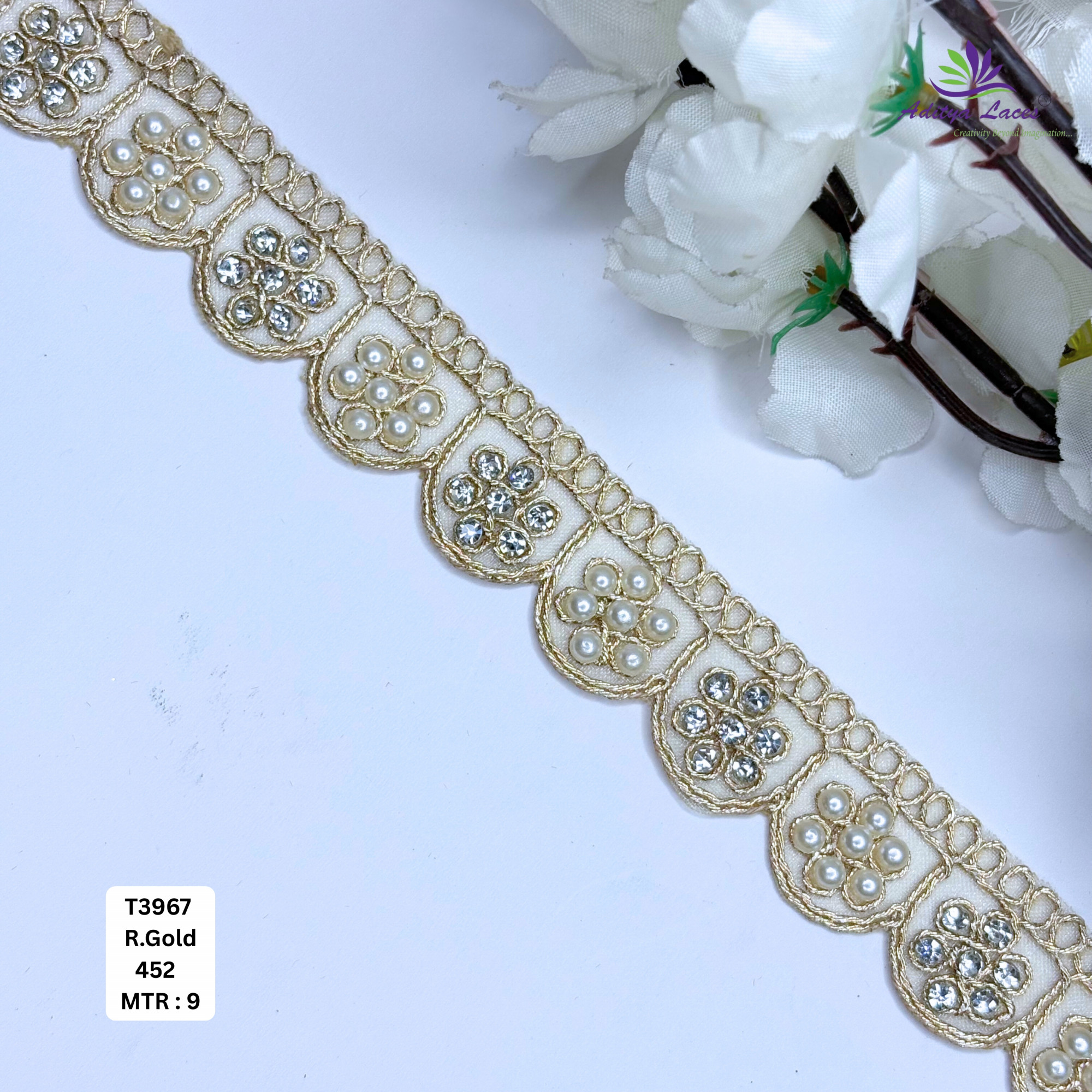 Premium Scalloped Tissue Handwork Lace Trim Designer Saree Border Bridal Beads Lace for Ethnic Fashion Wholesale Supplier