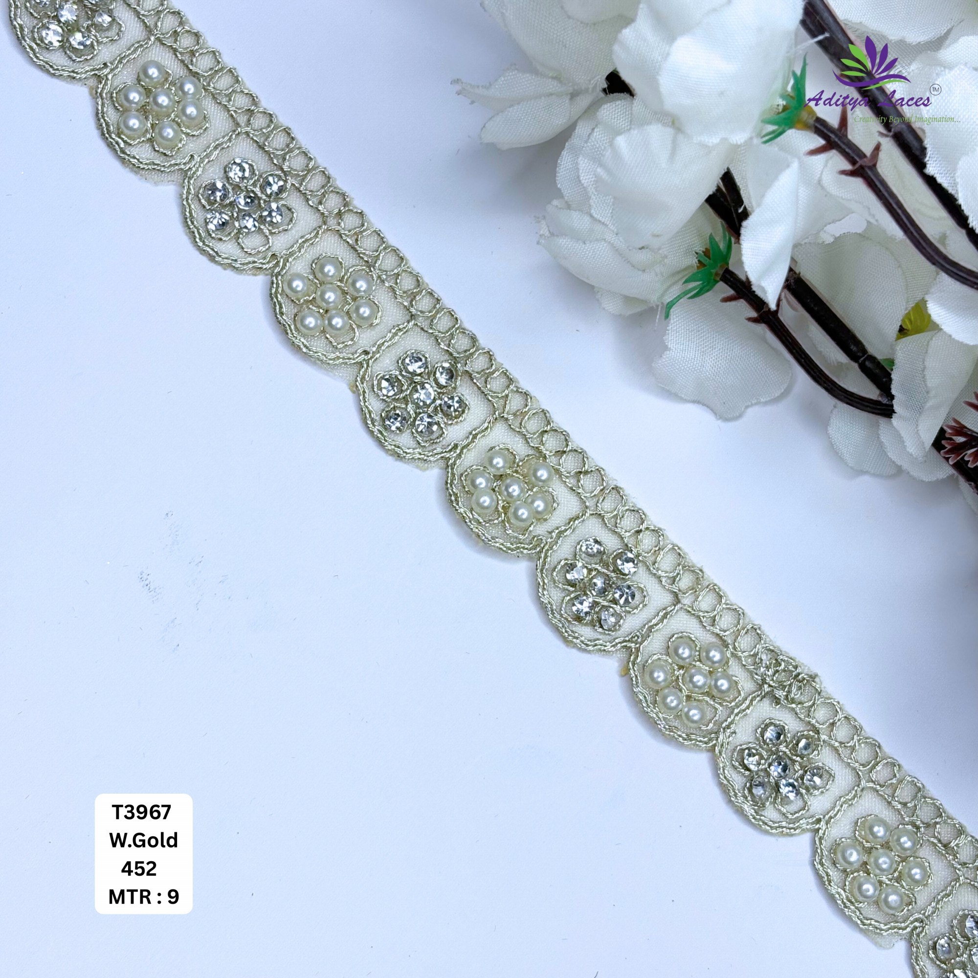 Premium Scalloped Tissue Handwork Lace Trim Designer Saree Border Bridal Beads Lace for Ethnic Fashion Wholesale Supplier