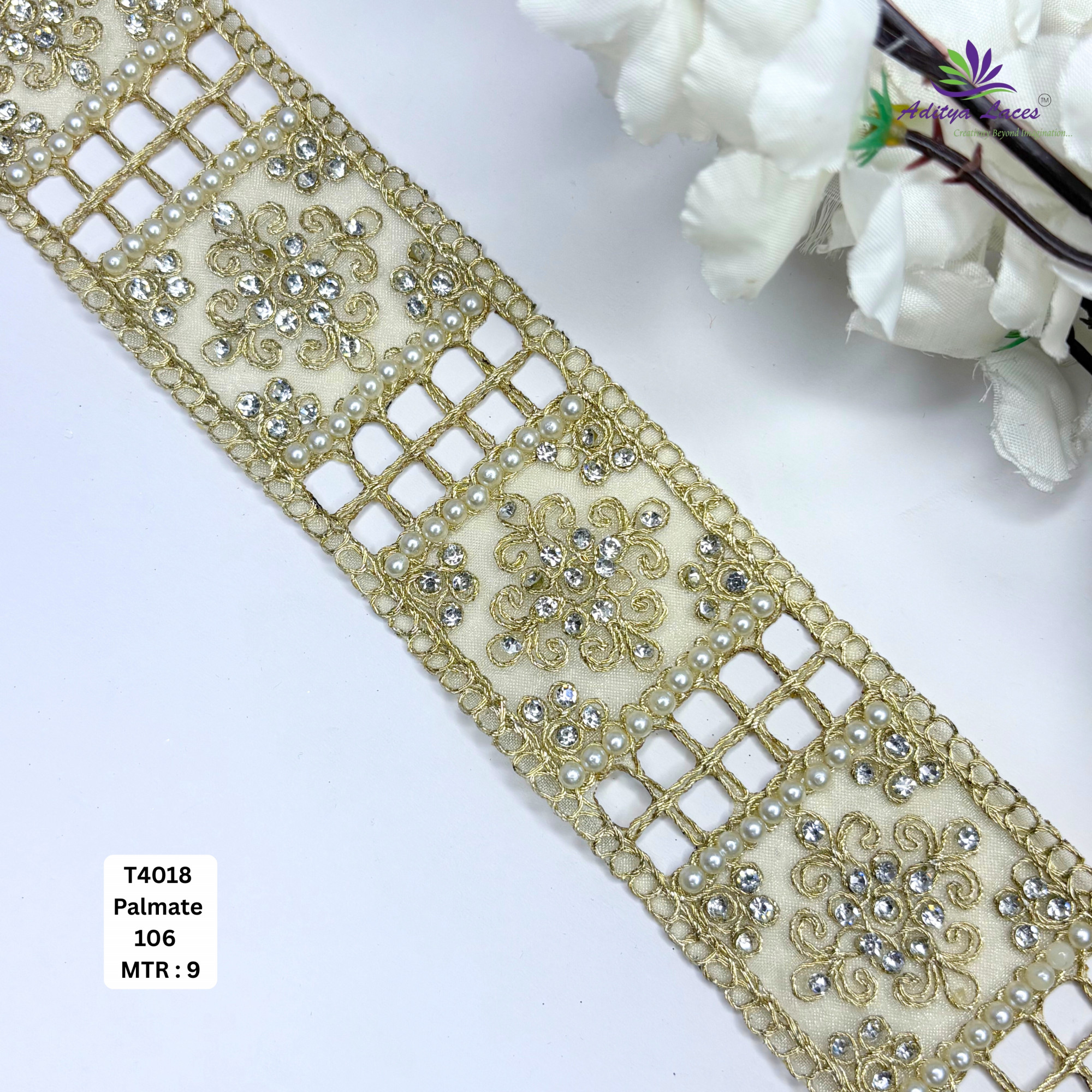 Premium White Tissue Handwork Lace Trim Designer Saree Border Pearl Beads Lace for Bridal Ethnic Fashion Wholesale Supplier